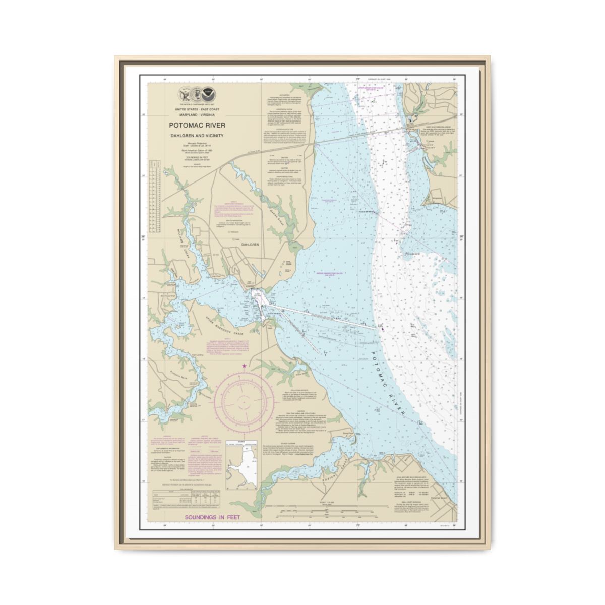 Chart 12287 Potomac River Dahlgren and Vicinity - NOAA Nautical Chart Floating Frame Canvas | 24" x 32" | 30" x 40" - Natural front