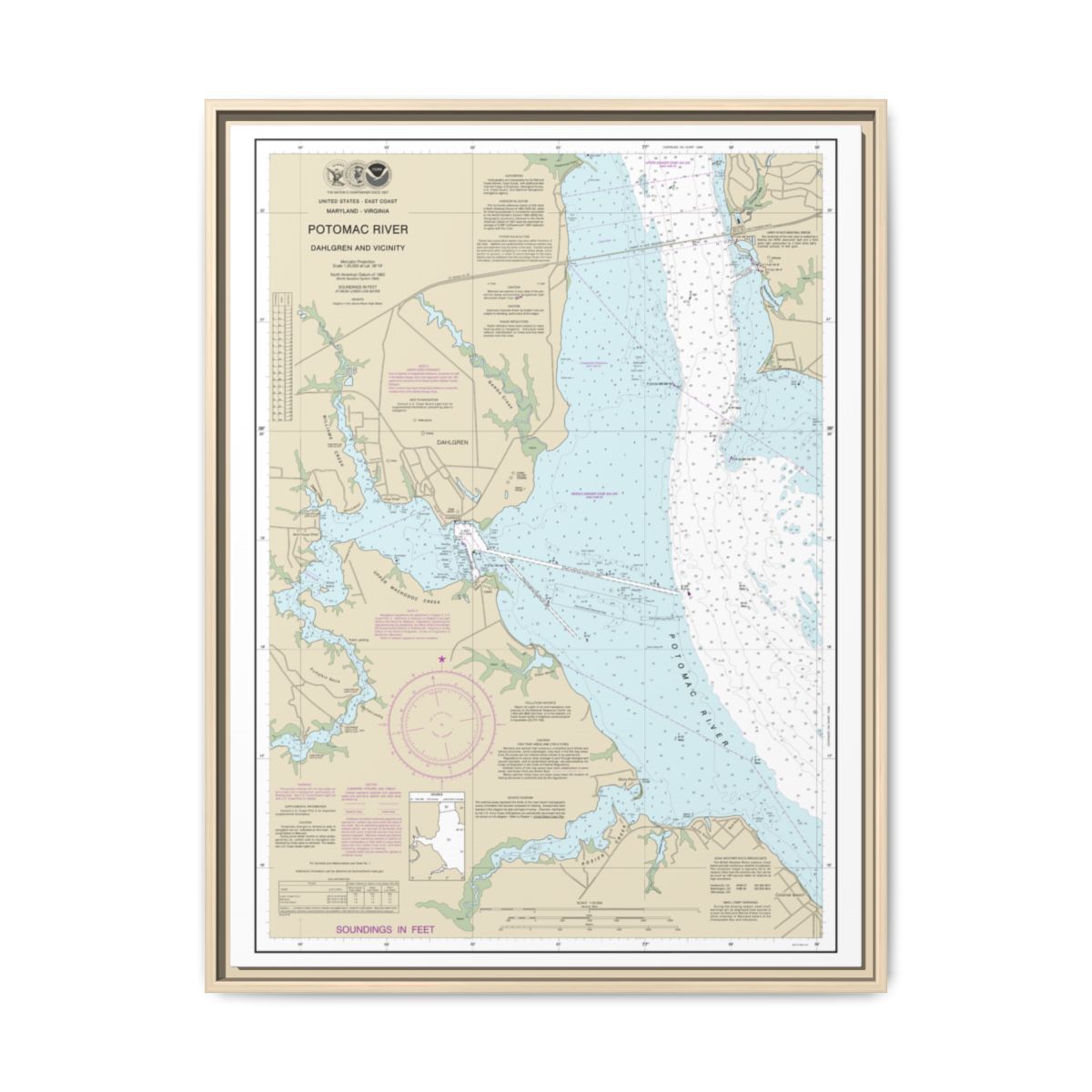 Chart 12287 Potomac River Dahlgren and Vicinity - NOAA Nautical Chart Floating Frame Canvas | 24" x 32" | 30" x 40" - Natural front