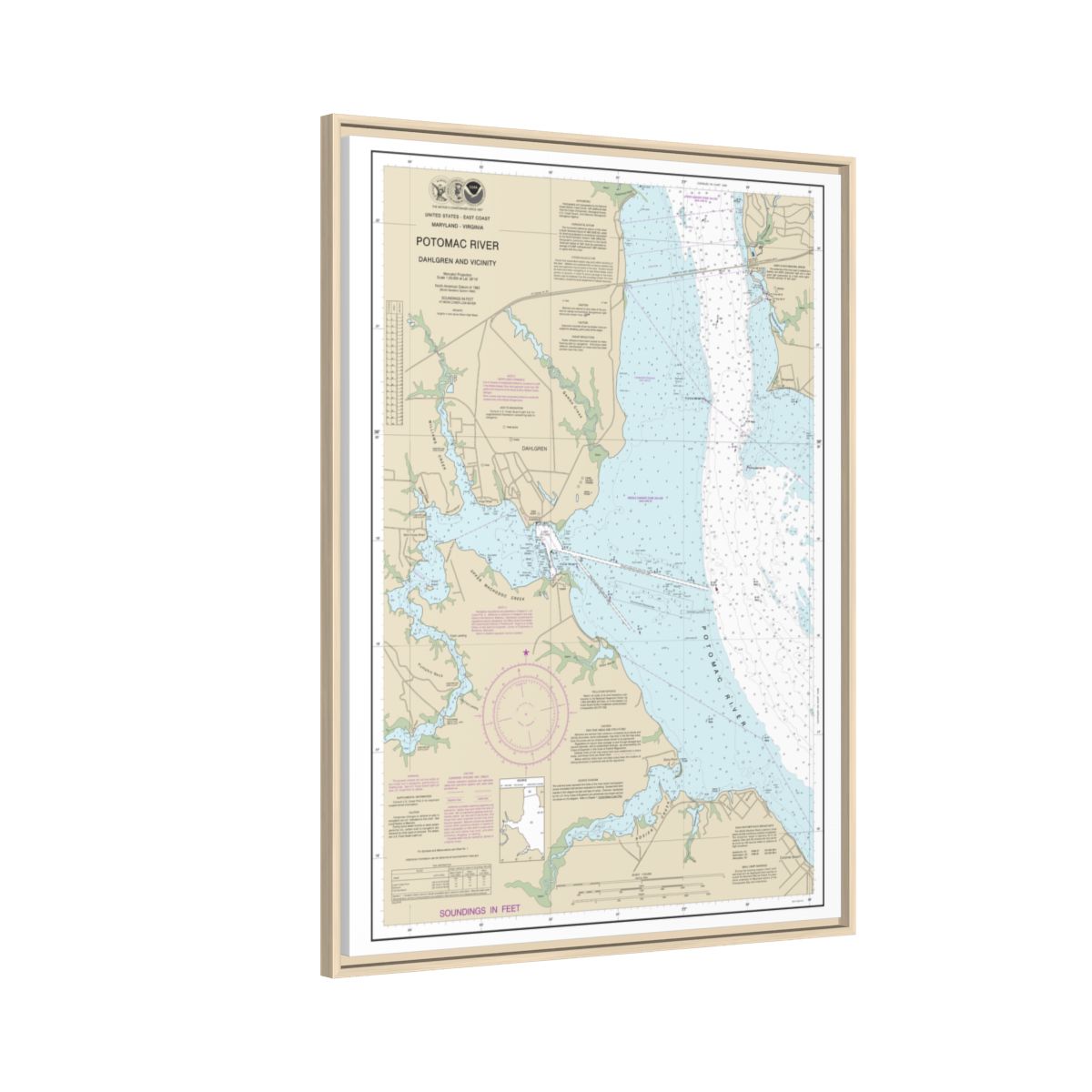 Chart 12287 Potomac River Dahlgren and Vicinity - NOAA Nautical Chart Floating Frame Canvas | 24" x 32" | 30" x 40" - Natural side