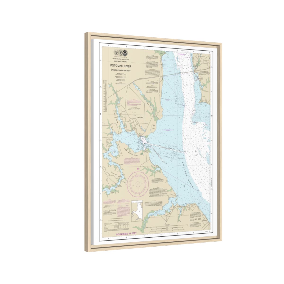 Chart 12287 Potomac River Dahlgren and Vicinity - NOAA Nautical Chart Floating Frame Canvas | 24" x 32" | 30" x 40" - Natural side