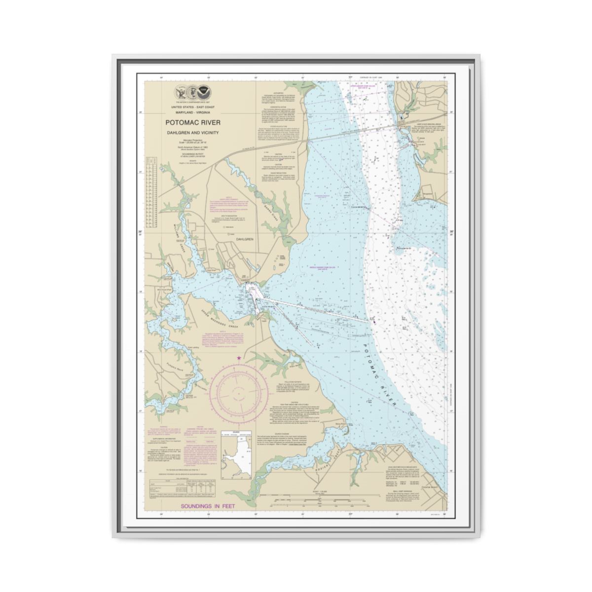 Chart 12287 Potomac River Dahlgren and Vicinity - NOAA Nautical Chart Floating Frame Canvas | 24" x 32" | 30" x 40" - White front