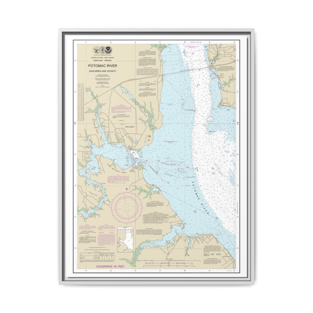 Chart 12287 Potomac River Dahlgren and Vicinity - NOAA Nautical Chart Floating Frame Canvas | 24" x 32" | 30" x 40" - White front