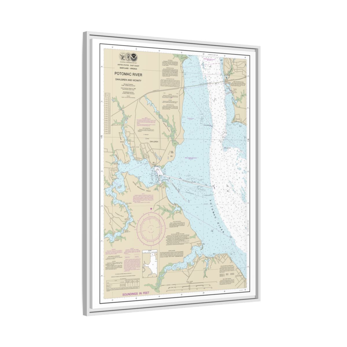Chart 12287 Potomac River Dahlgren and Vicinity - NOAA Nautical Chart Floating Frame Canvas | 24" x 32" | 30" x 40" - White side