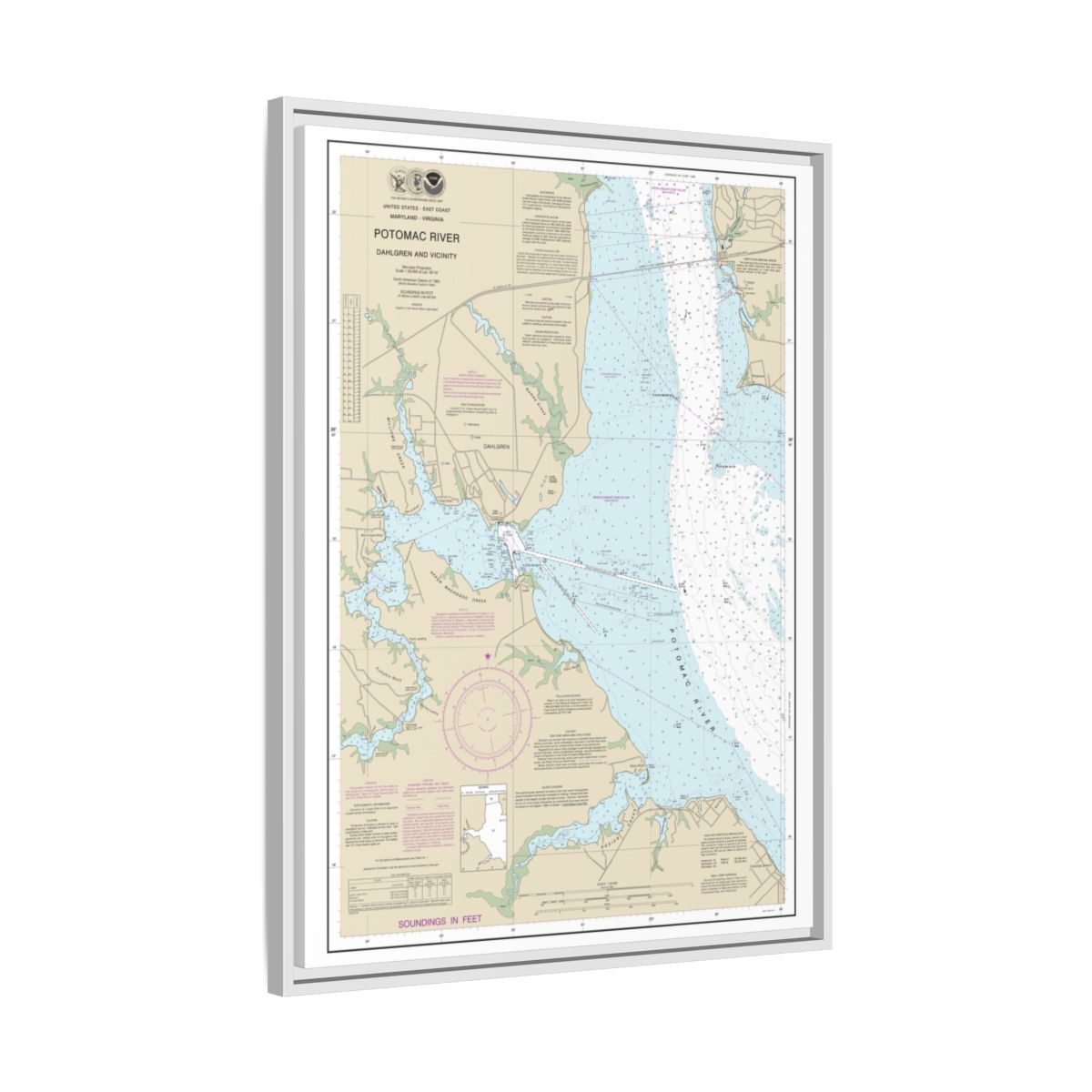Chart 12287 Potomac River Dahlgren and Vicinity - NOAA Nautical Chart Floating Frame Canvas | 24" x 32" | 30" x 40" - White side