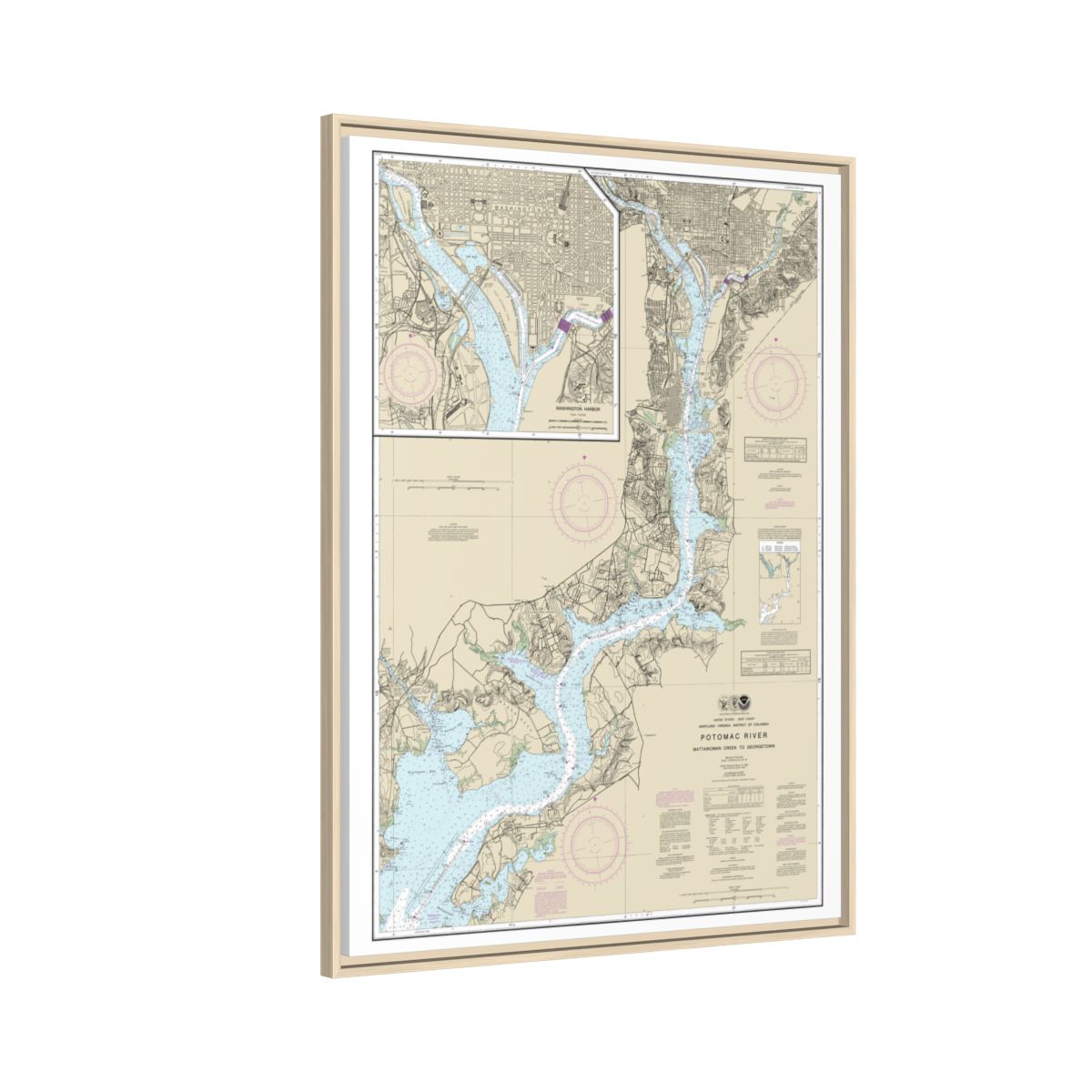 Chart 12289 Potomac River Mattawoman Creek to Georgetown;Washington Harbor - NOAA Nautical Chart Floating Frame Canvas | 24" x 32" | 30" x 40" - Natural side