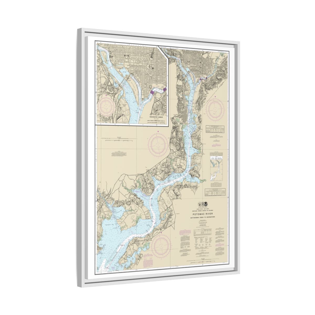 Chart 12289 Potomac River Mattawoman Creek to Georgetown;Washington Harbor - NOAA Nautical Chart Floating Frame Canvas | 24" x 32" | 30" x 40" - White side