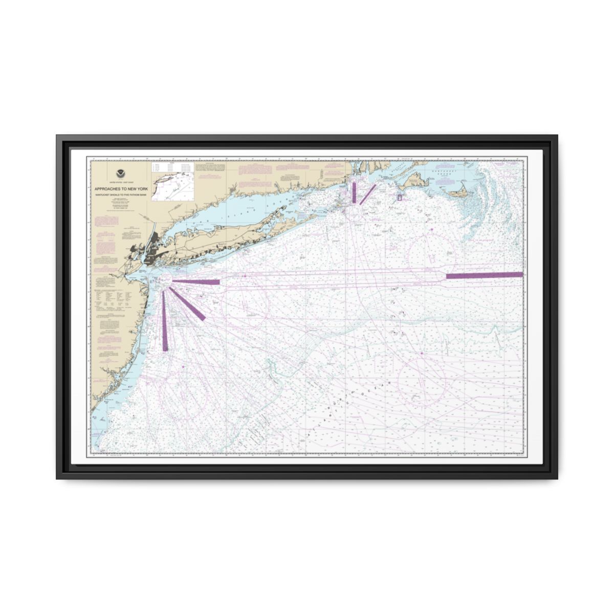 Chart 12300 Approaches to New York, Nantucket Shoals to Five Fathom Bank - NOAA Nautical Chart Floating Frame Canvas | 30" x 20" | 36" x 24" | 48" x 32" - Black front