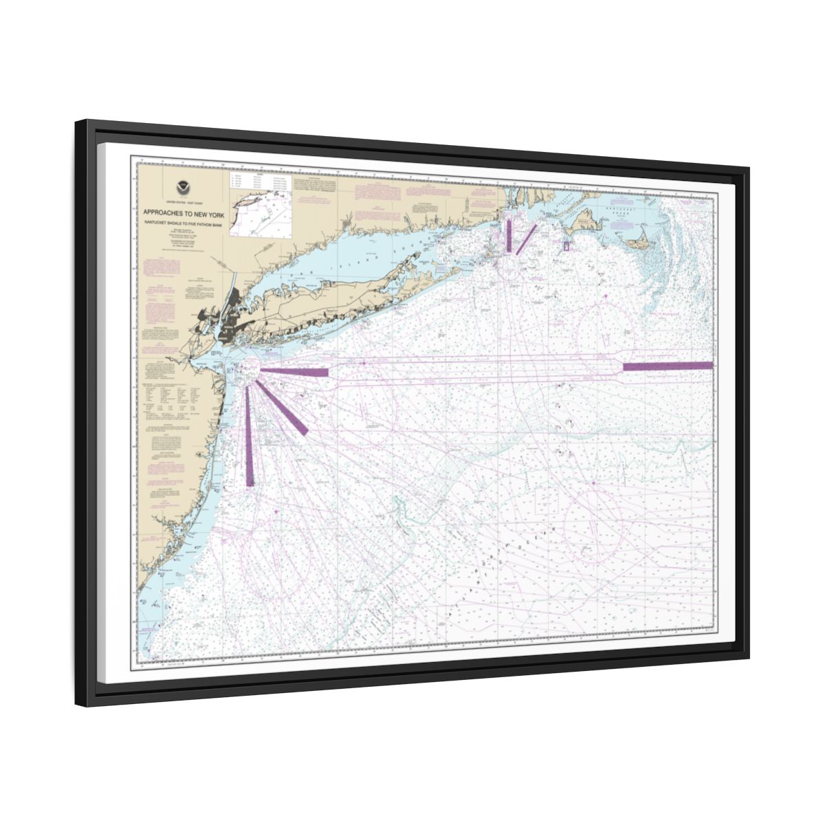 Chart 12300 Approaches to New York, Nantucket Shoals to Five Fathom Bank - NOAA Nautical Chart Floating Frame Canvas | 30" x 20" | 36" x 24" | 48" x 32" - Black side