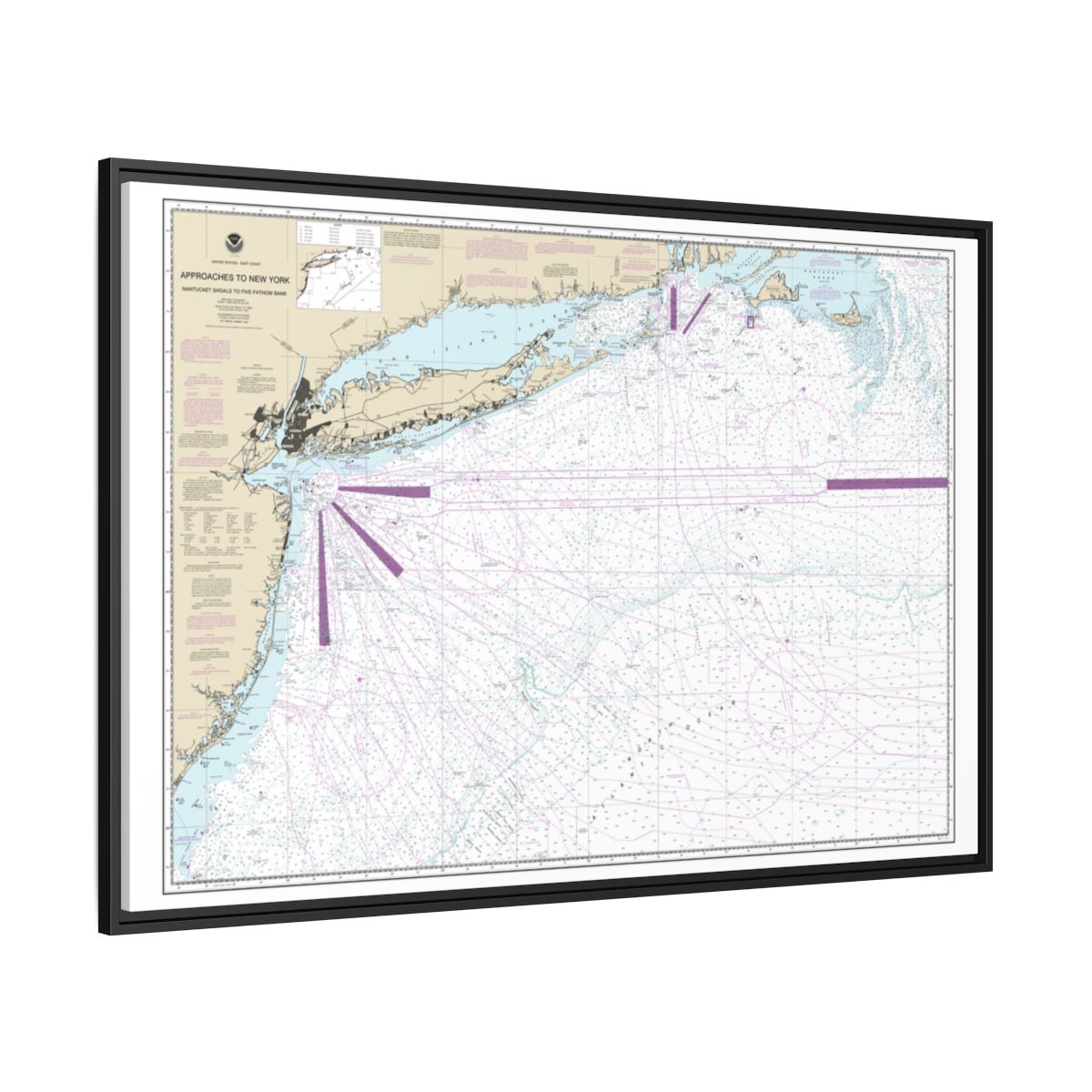 Chart 12300 Approaches to New York, Nantucket Shoals to Five Fathom Bank - NOAA Nautical Chart Floating Frame Canvas | 30" x 20" | 36" x 24" | 48" x 32" - Black side