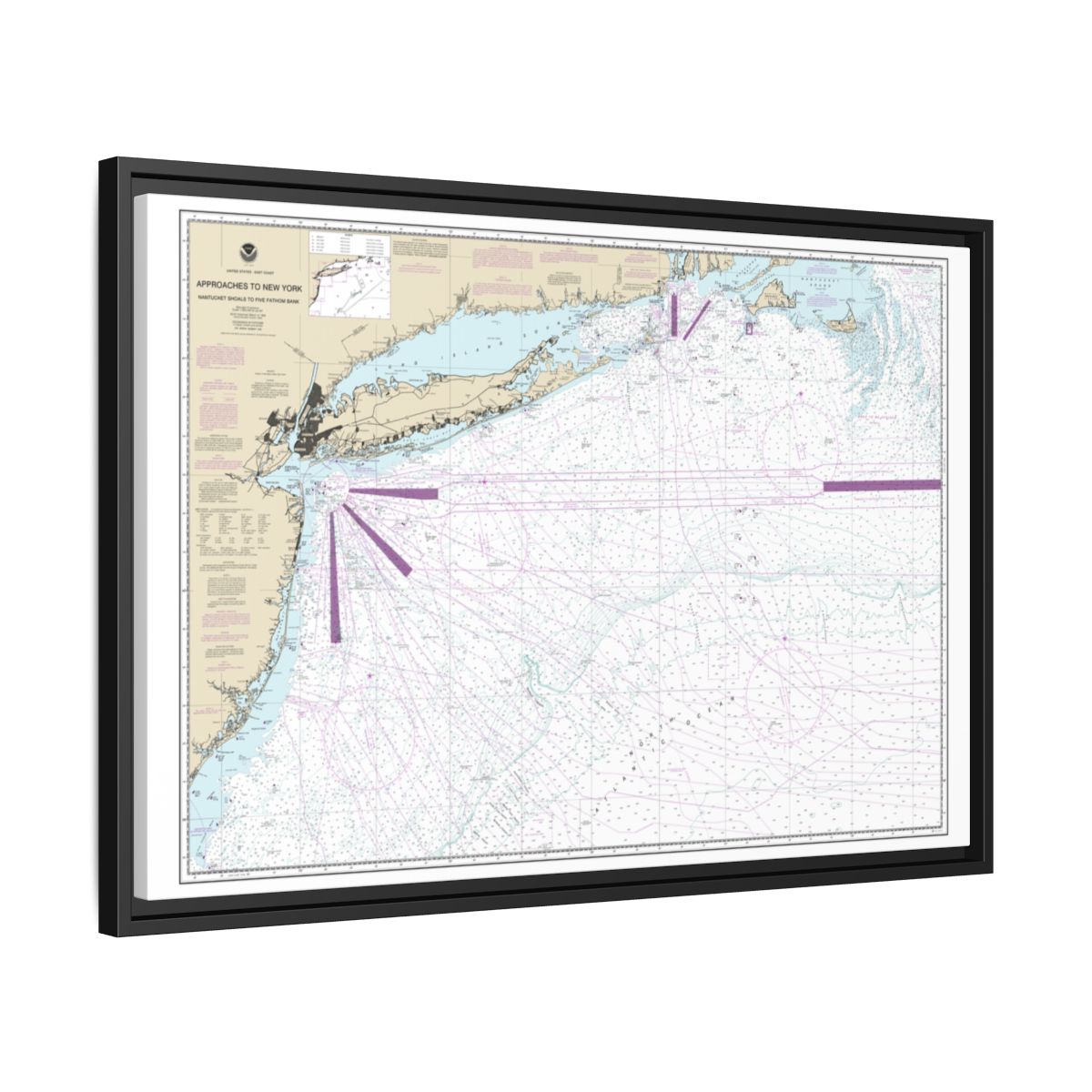 Chart 12300 Approaches to New York, Nantucket Shoals to Five Fathom Bank - NOAA Nautical Chart Floating Frame Canvas | 30" x 20" | 36" x 24" | 48" x 32" - Black side