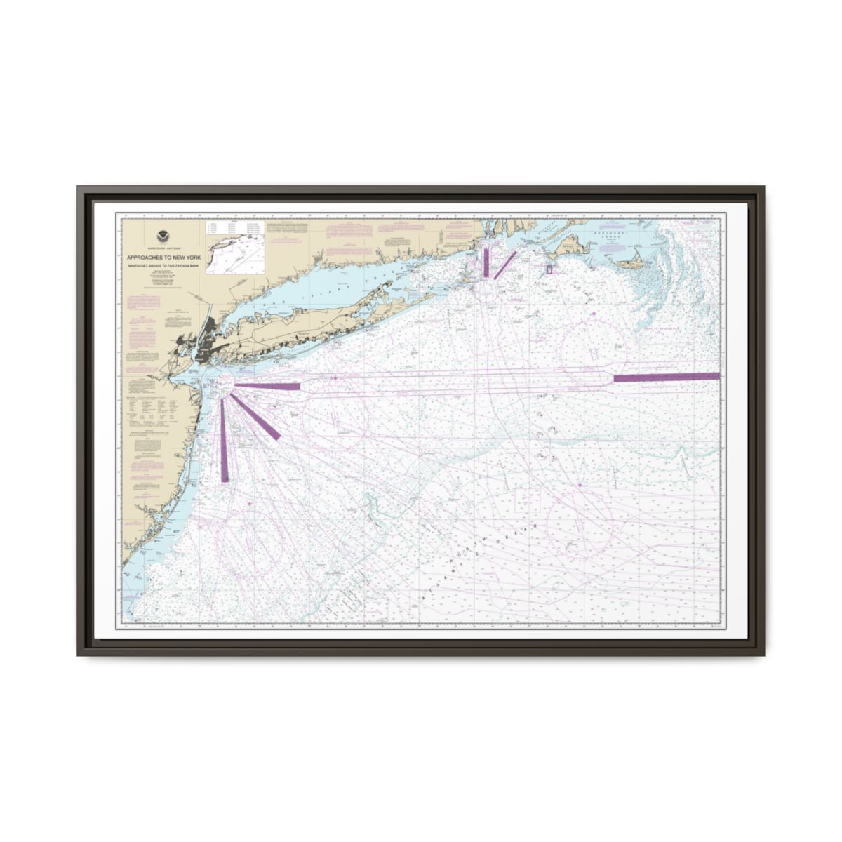Chart 12300 Approaches to New York, Nantucket Shoals to Five Fathom Bank - NOAA Nautical Chart Floating Frame Canvas | 30" x 20" | 36" x 24" | 48" x 32" - Espresso front