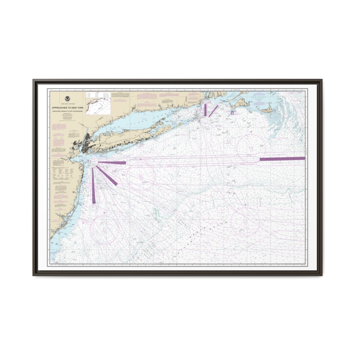 Chart 12300 Approaches to New York, Nantucket Shoals to Five Fathom Bank - NOAA Nautical Chart Floating Frame Canvas | 30" x 20" | 36" x 24" | 48" x 32" - Espresso front