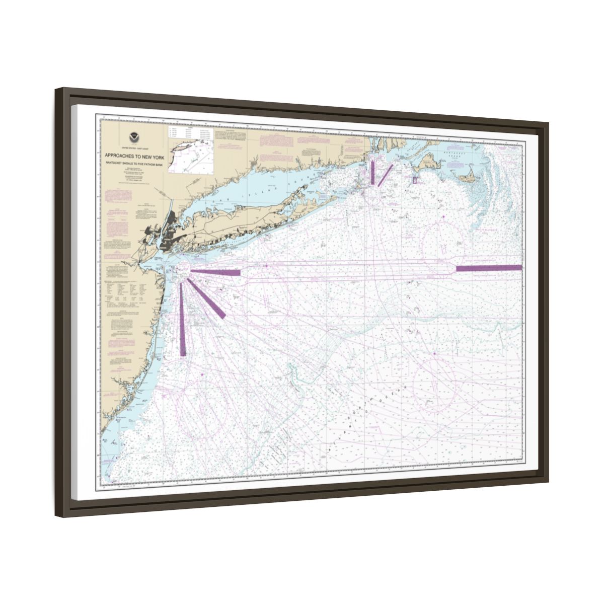 Chart 12300 Approaches to New York, Nantucket Shoals to Five Fathom Bank - NOAA Nautical Chart Floating Frame Canvas | 30" x 20" | 36" x 24" | 48" x 32" - Espresso side