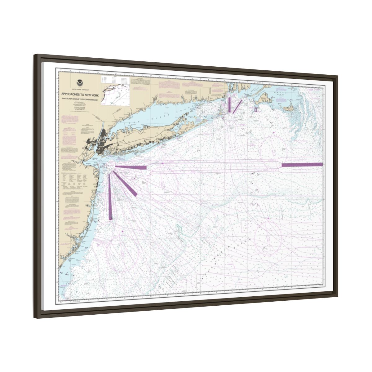 Chart 12300 Approaches to New York, Nantucket Shoals to Five Fathom Bank - NOAA Nautical Chart Floating Frame Canvas | 30" x 20" | 36" x 24" | 48" x 32" - Espresso side