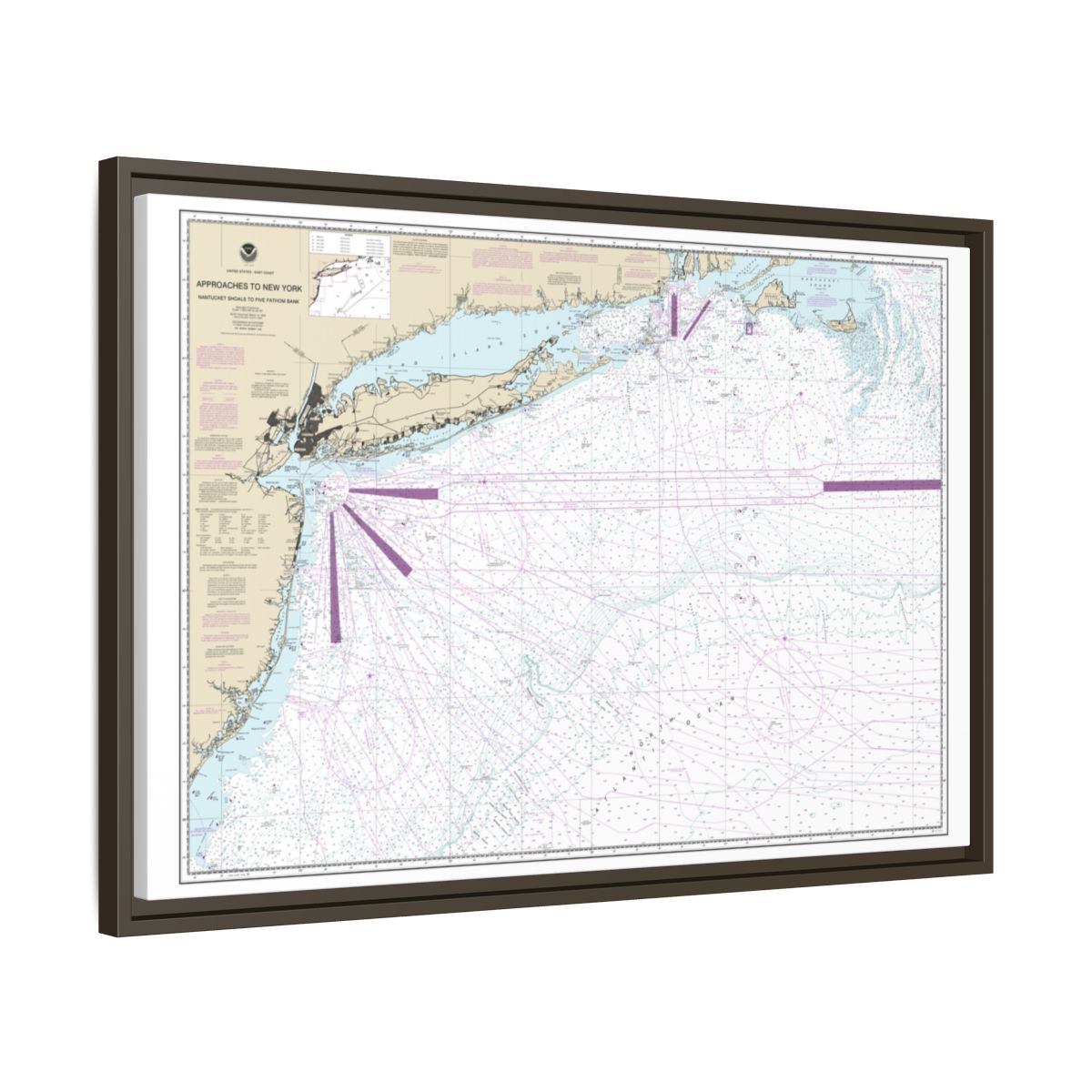 Chart 12300 Approaches to New York, Nantucket Shoals to Five Fathom Bank - NOAA Nautical Chart Floating Frame Canvas | 30" x 20" | 36" x 24" | 48" x 32" - Espresso side