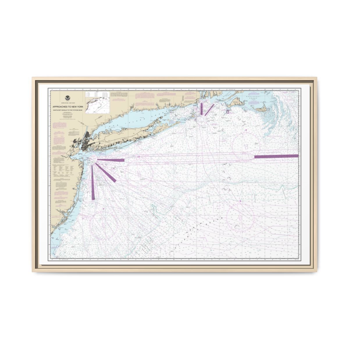 Chart 12300 Approaches to New York, Nantucket Shoals to Five Fathom Bank - NOAA Nautical Chart Floating Frame Canvas | 30" x 20" | 36" x 24" | 48" x 32" - Natural front