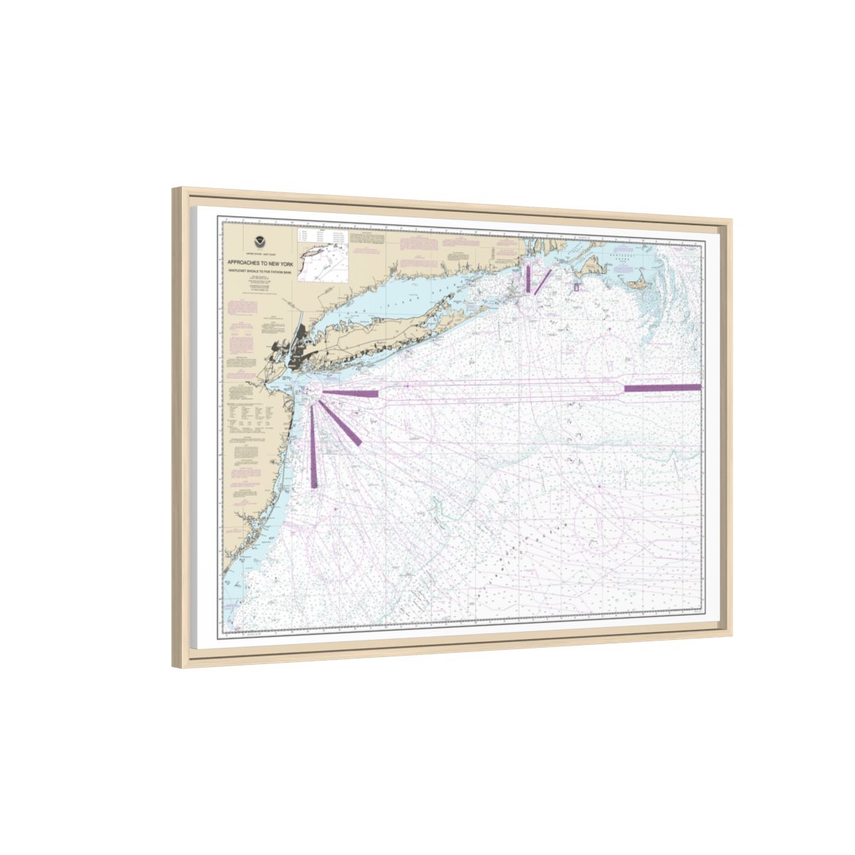Chart 12300 Approaches to New York, Nantucket Shoals to Five Fathom Bank - NOAA Nautical Chart Floating Frame Canvas | 30" x 20" | 36" x 24" | 48" x 32" - Natural side