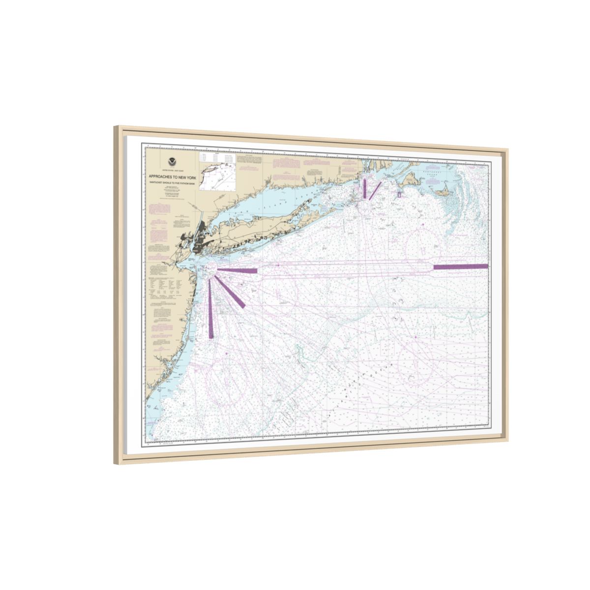 Chart 12300 Approaches to New York, Nantucket Shoals to Five Fathom Bank - NOAA Nautical Chart Floating Frame Canvas | 30" x 20" | 36" x 24" | 48" x 32" - Natural side