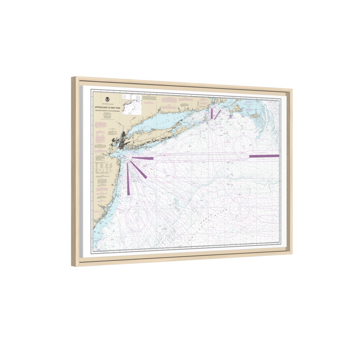 Chart 12300 Approaches to New York, Nantucket Shoals to Five Fathom Bank - NOAA Nautical Chart Floating Frame Canvas | 30" x 20" | 36" x 24" | 48" x 32" - Natural side