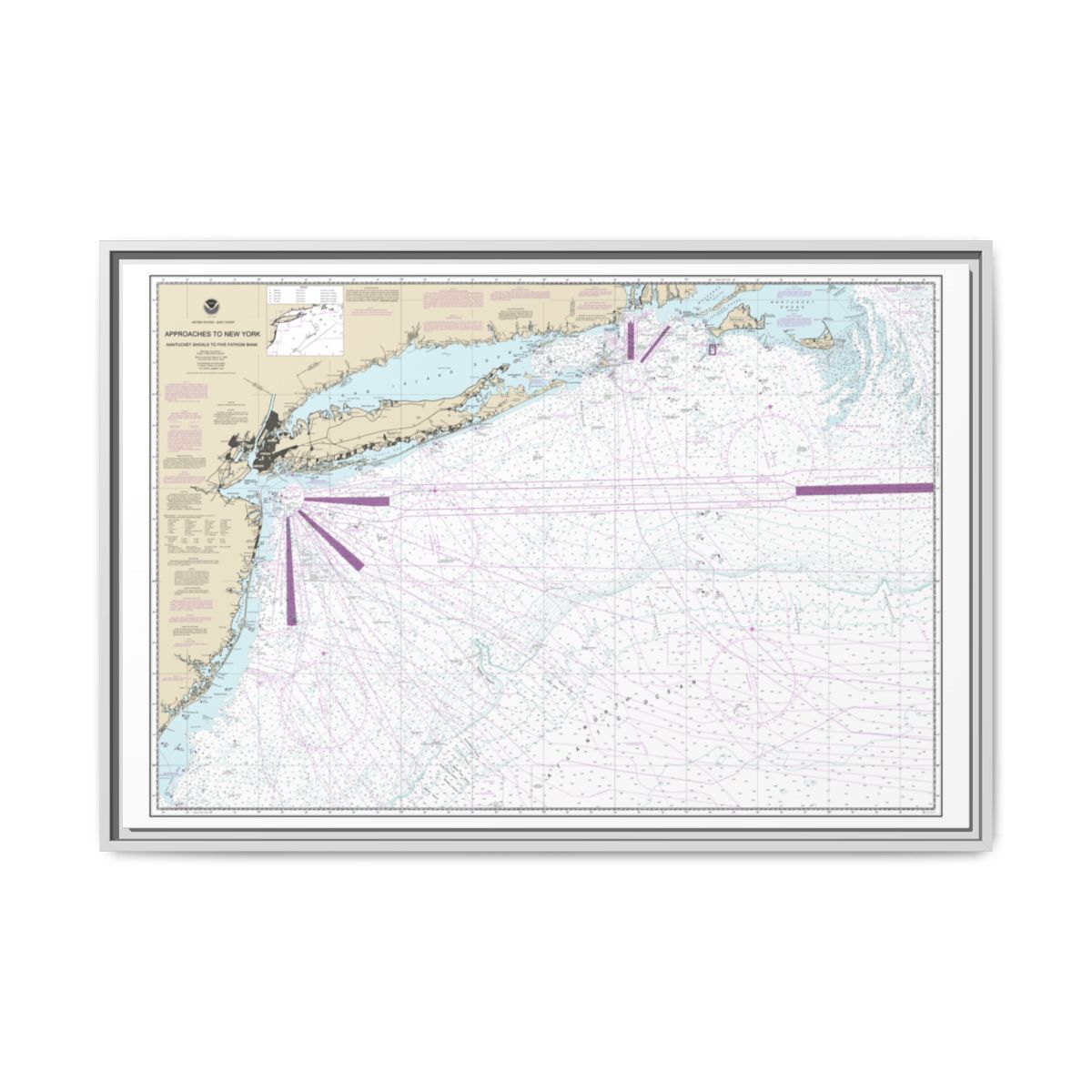 Chart 12300 Approaches to New York, Nantucket Shoals to Five Fathom Bank - NOAA Nautical Chart Floating Frame Canvas | 30" x 20" | 36" x 24" | 48" x 32" - White front