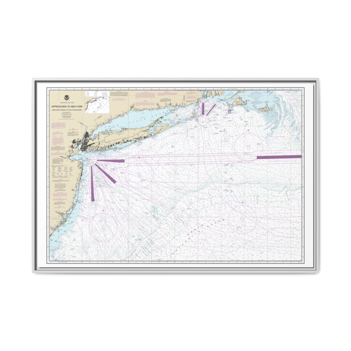 Chart 12300 Approaches to New York, Nantucket Shoals to Five Fathom Bank - NOAA Nautical Chart Floating Frame Canvas | 30" x 20" | 36" x 24" | 48" x 32" - White front