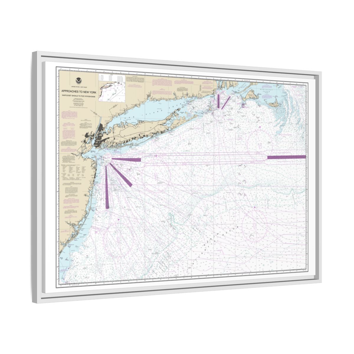 Chart 12300 Approaches to New York, Nantucket Shoals to Five Fathom Bank - NOAA Nautical Chart Floating Frame Canvas | 30" x 20" | 36" x 24" | 48" x 32" - White side