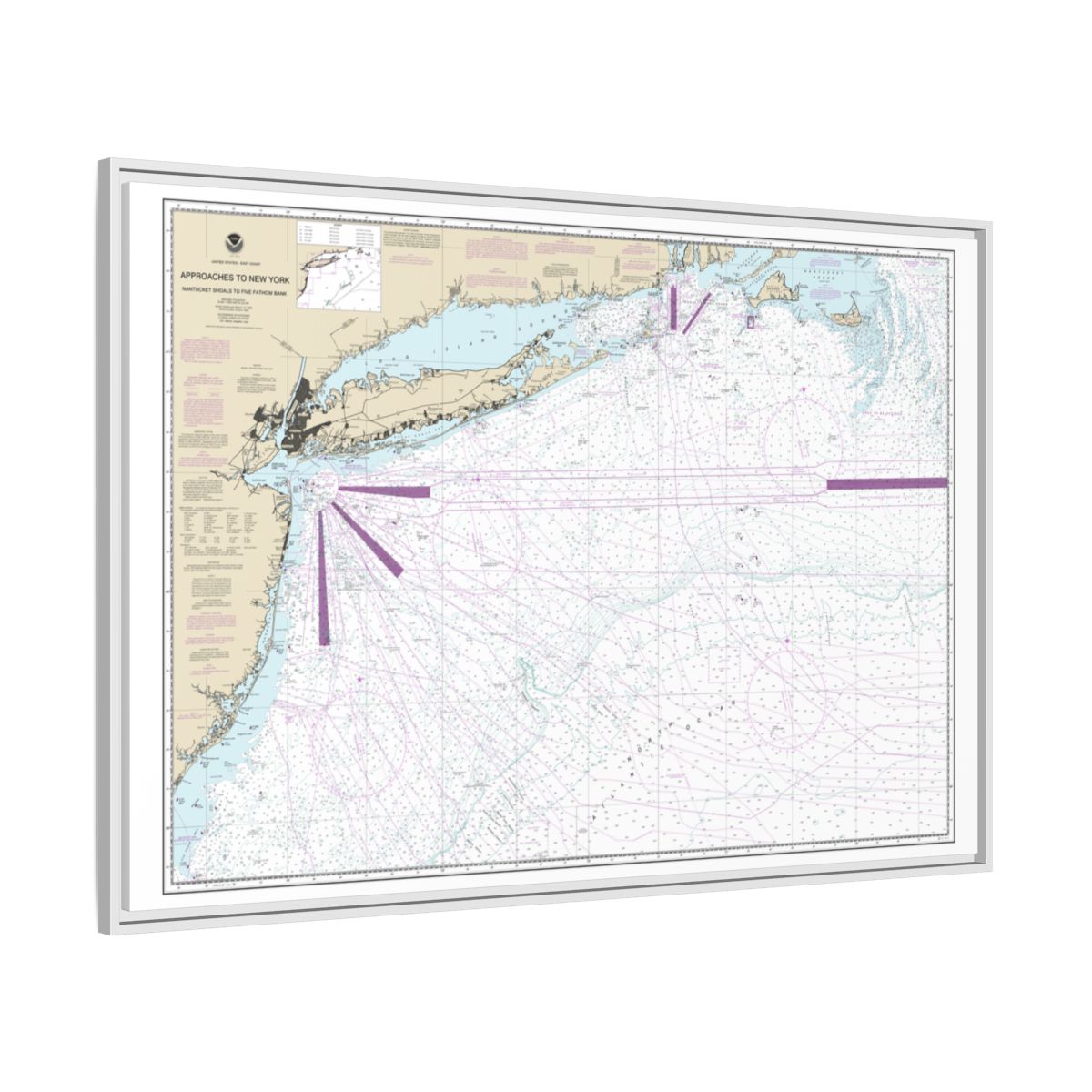 Chart 12300 Approaches to New York, Nantucket Shoals to Five Fathom Bank - NOAA Nautical Chart Floating Frame Canvas | 30" x 20" | 36" x 24" | 48" x 32" - White side