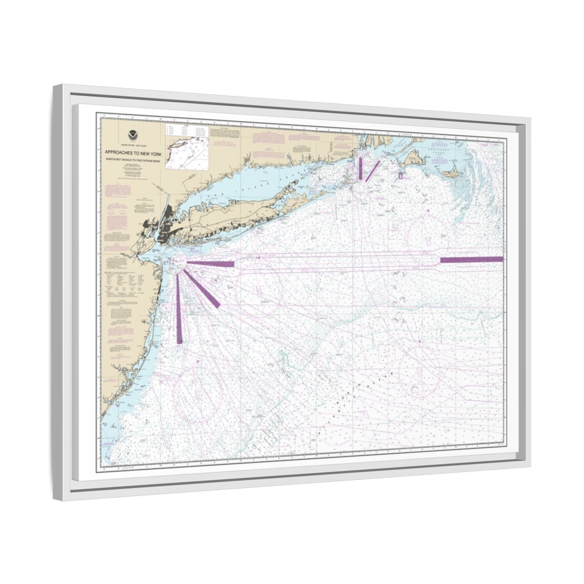 Chart 12300 Approaches to New York, Nantucket Shoals to Five Fathom Bank - NOAA Nautical Chart Floating Frame Canvas | 30" x 20" | 36" x 24" | 48" x 32" - White side