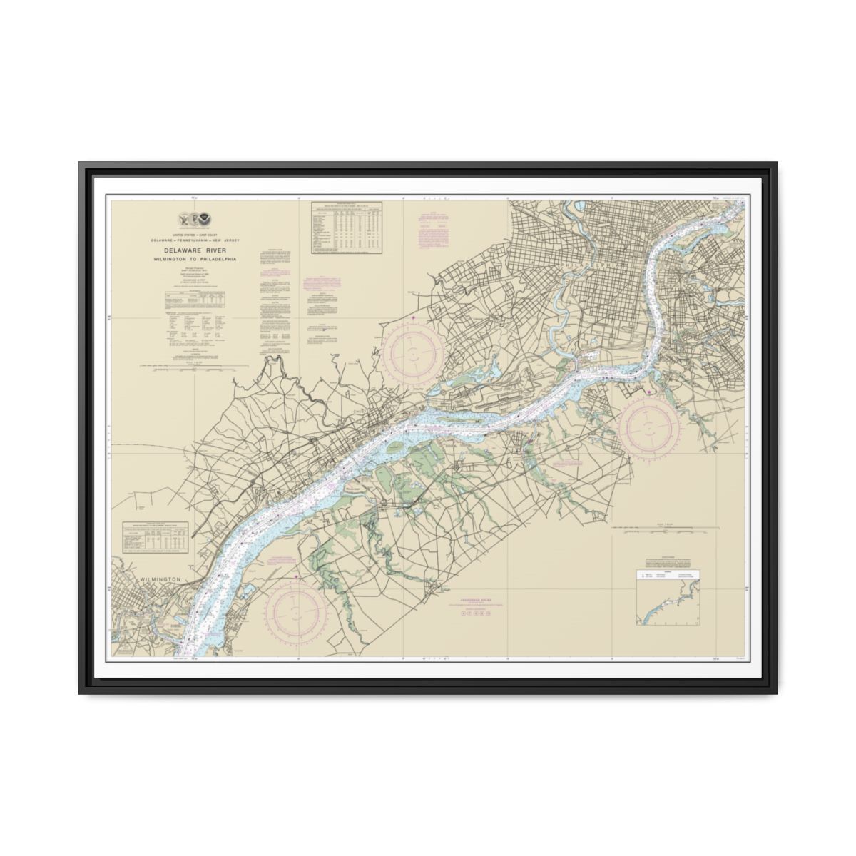 Chart 12312 Delaware River Wilmington to Philadelphia - NOAA Nautical Chart Floating Frame Canvas | 32" x 24" | 40" x 30" - Black front
