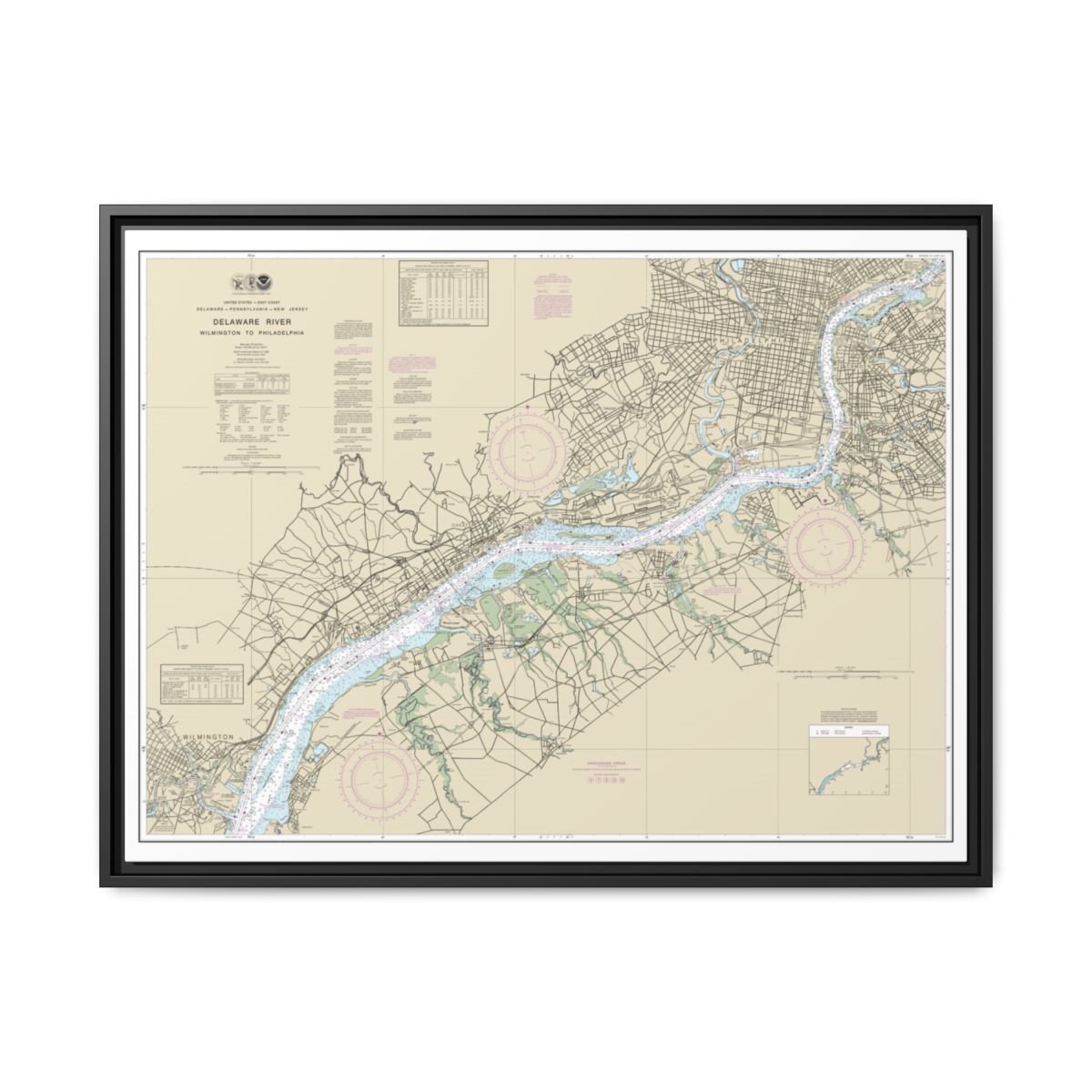 Chart 12312 Delaware River Wilmington to Philadelphia - NOAA Nautical Chart Floating Frame Canvas | 32" x 24" | 40" x 30" - Black front