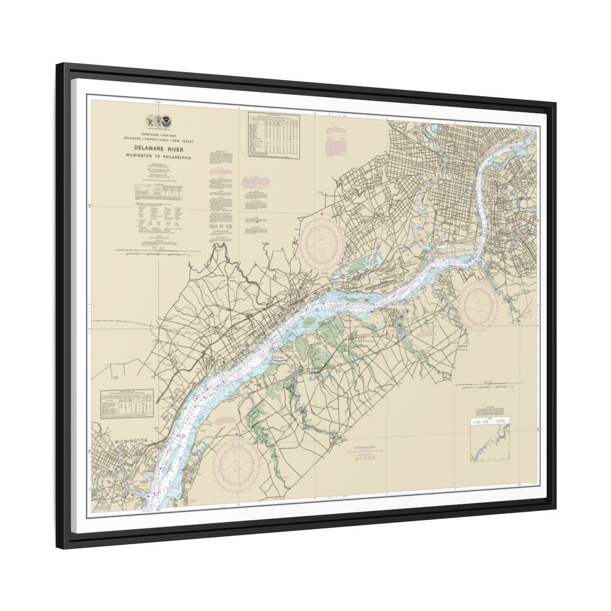 Chart 12312 Delaware River Wilmington to Philadelphia - NOAA Nautical Chart Floating Frame Canvas | 32" x 24" | 40" x 30" - Black side
