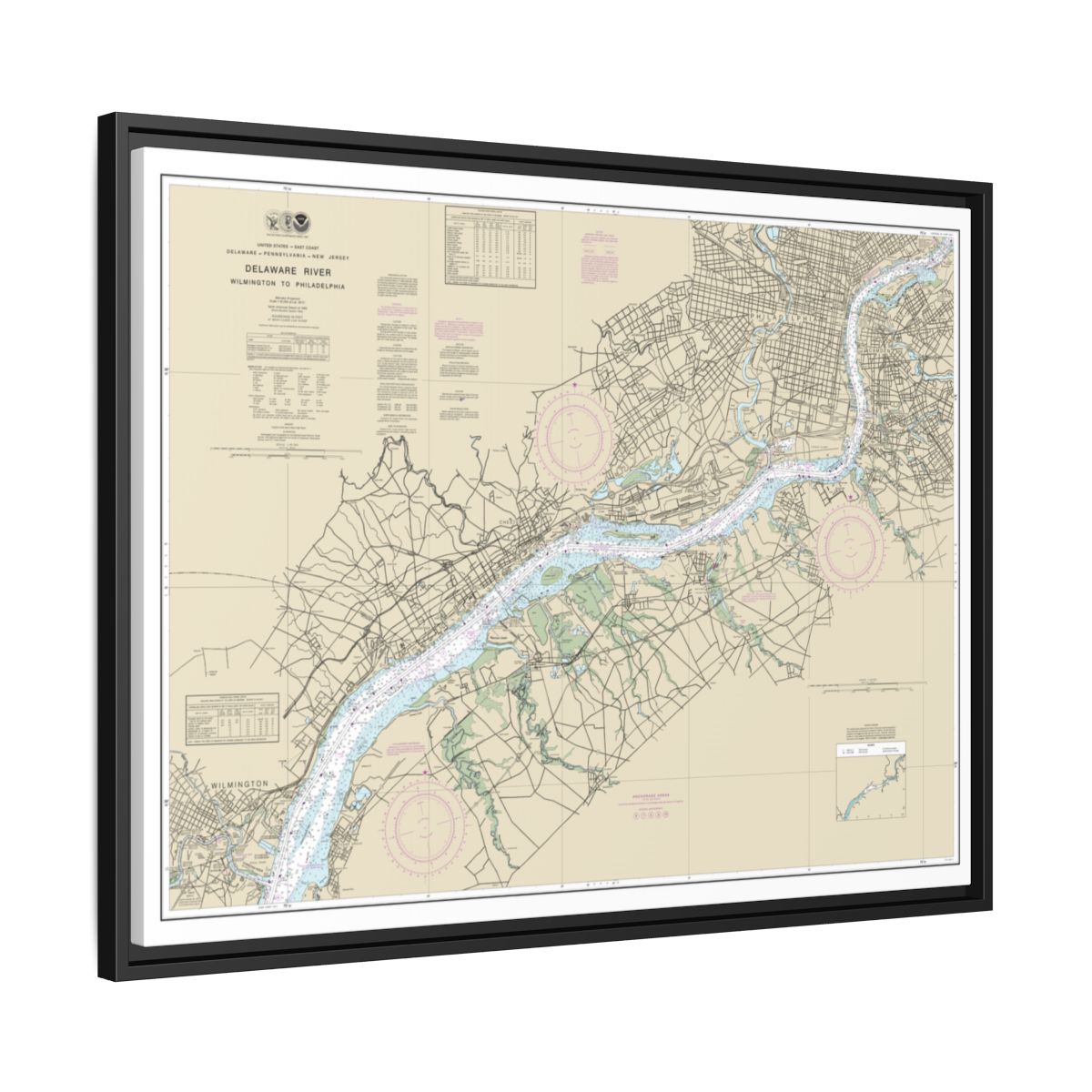 Chart 12312 Delaware River Wilmington to Philadelphia - NOAA Nautical Chart Floating Frame Canvas | 32" x 24" | 40" x 30" - Black side