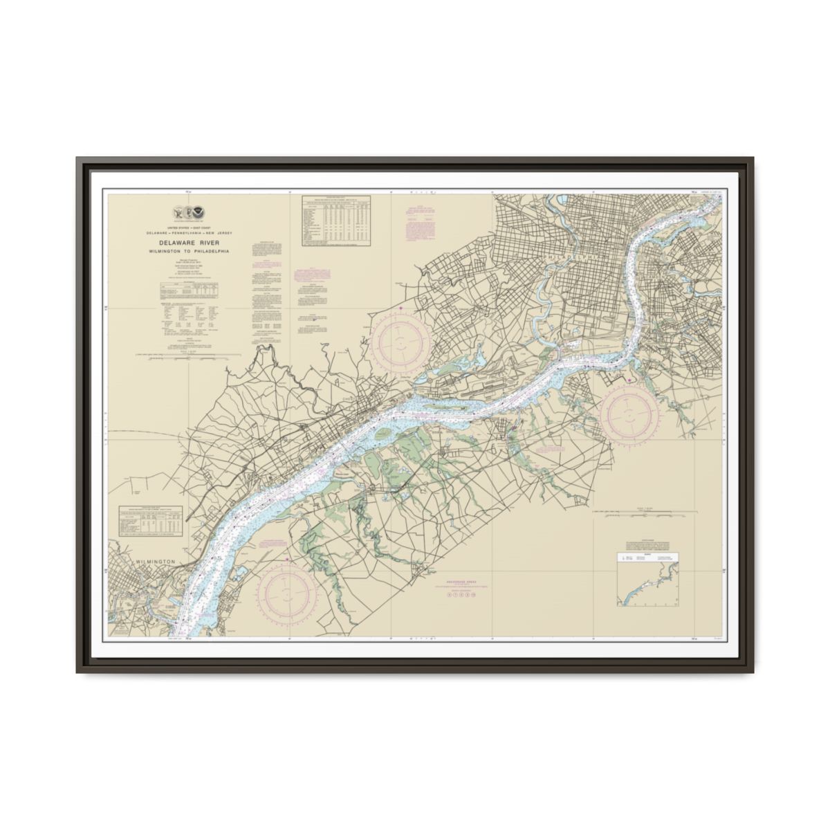 Chart 12312 Delaware River Wilmington to Philadelphia - NOAA Nautical Chart Floating Frame Canvas | 32" x 24" | 40" x 30" - Espresso front