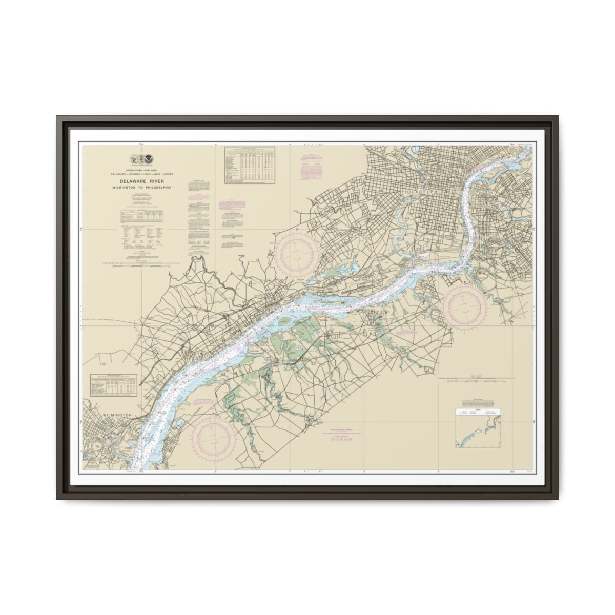Chart 12312 Delaware River Wilmington to Philadelphia - NOAA Nautical Chart Floating Frame Canvas | 32" x 24" | 40" x 30" - Espresso front