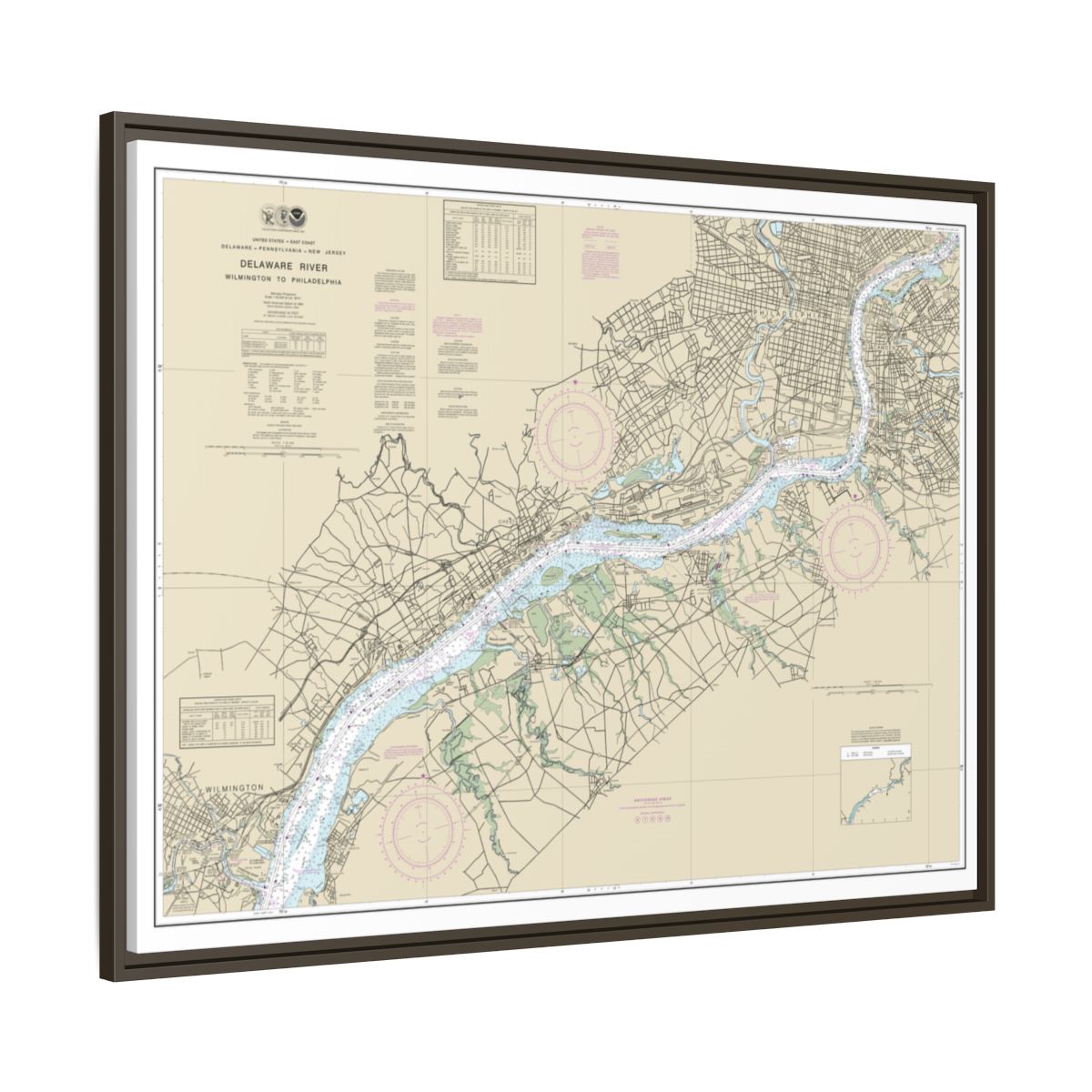 Chart 12312 Delaware River Wilmington to Philadelphia - NOAA Nautical Chart Floating Frame Canvas | 32" x 24" | 40" x 30" - Espresso side