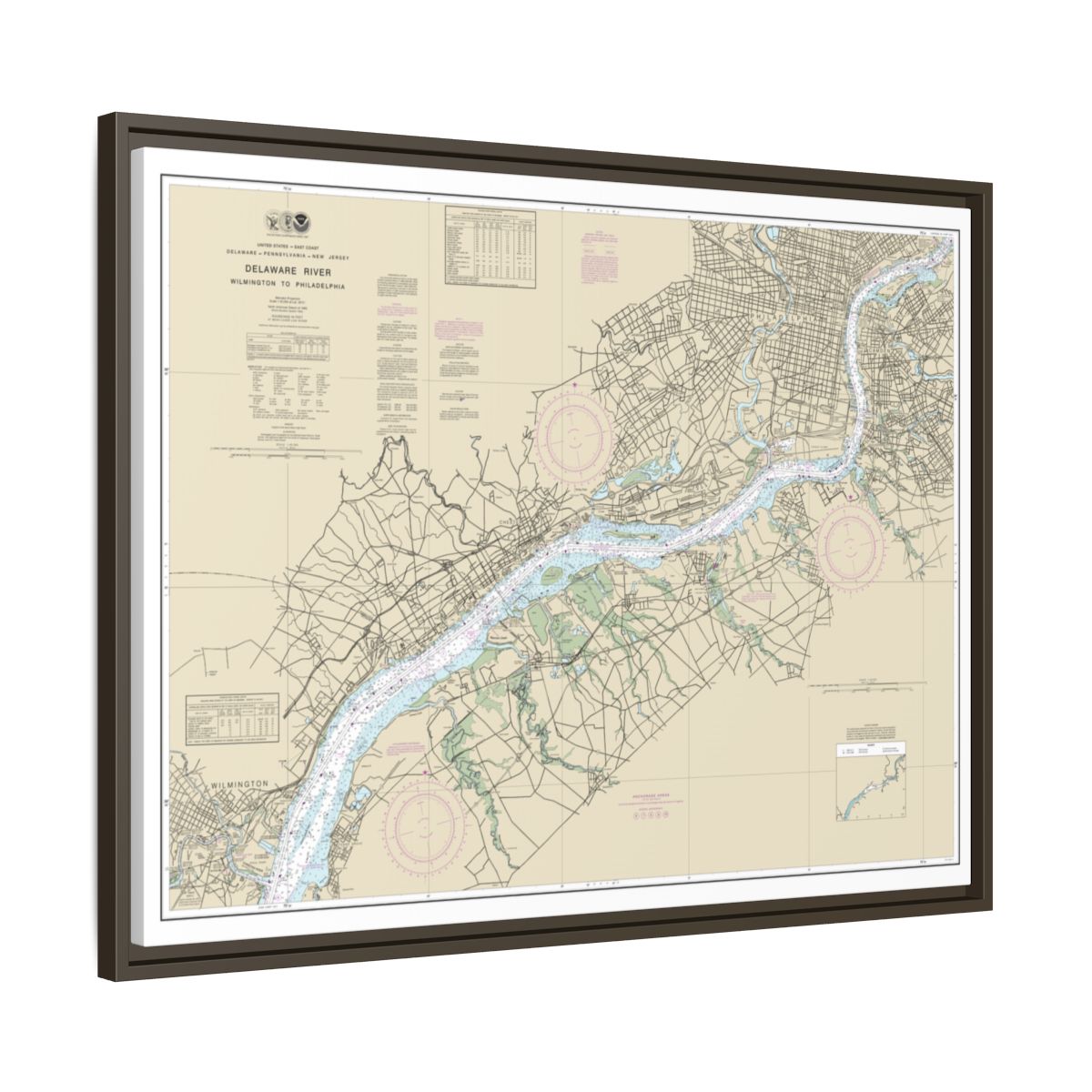 Chart 12312 Delaware River Wilmington to Philadelphia - NOAA Nautical Chart Floating Frame Canvas | 32" x 24" | 40" x 30" - Espresso side