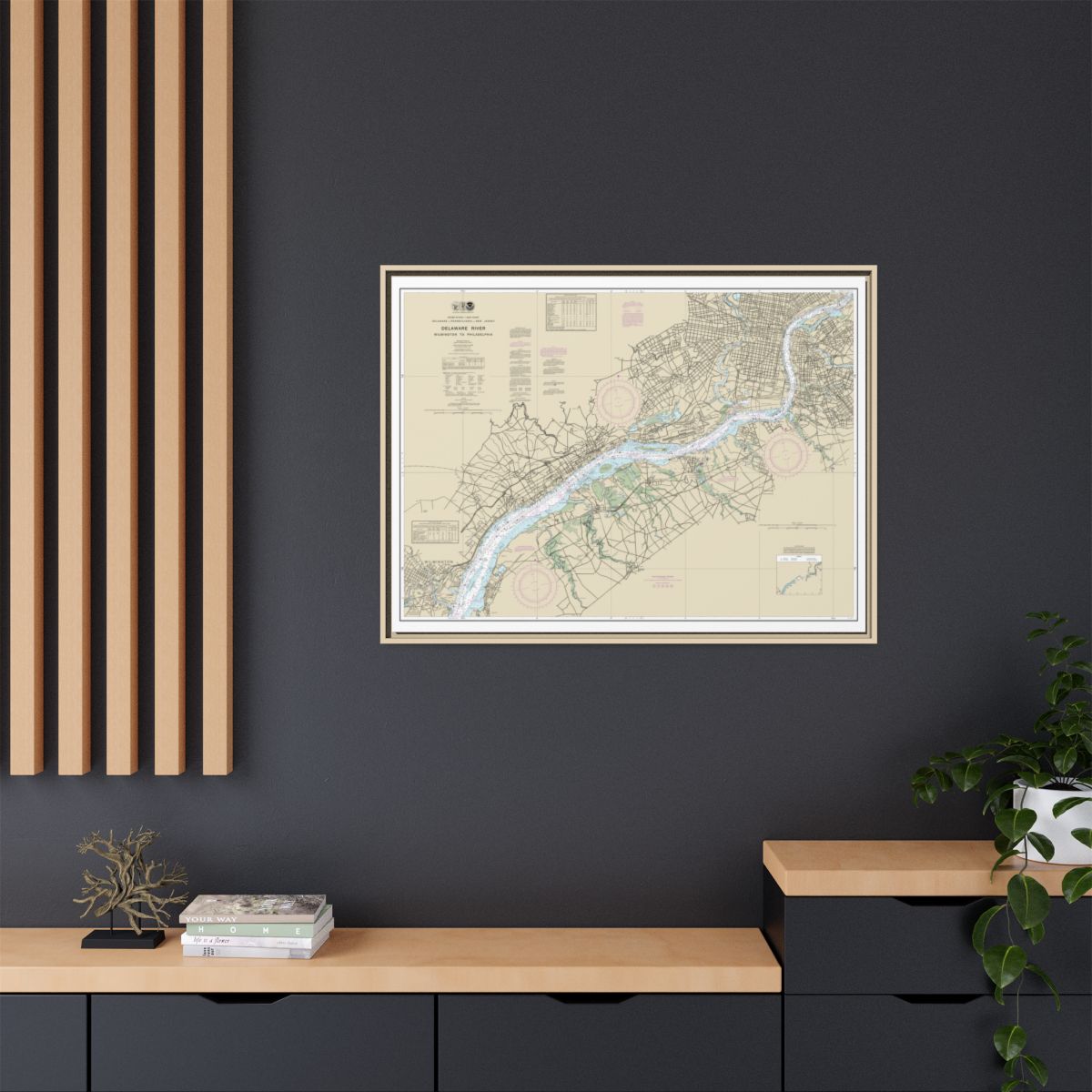 Chart 12312 Delaware River Wilmington to Philadelphia - NOAA Nautical Chart Floating Frame Canvas | 32" x 24" | 40" x 30" - Natural context-2