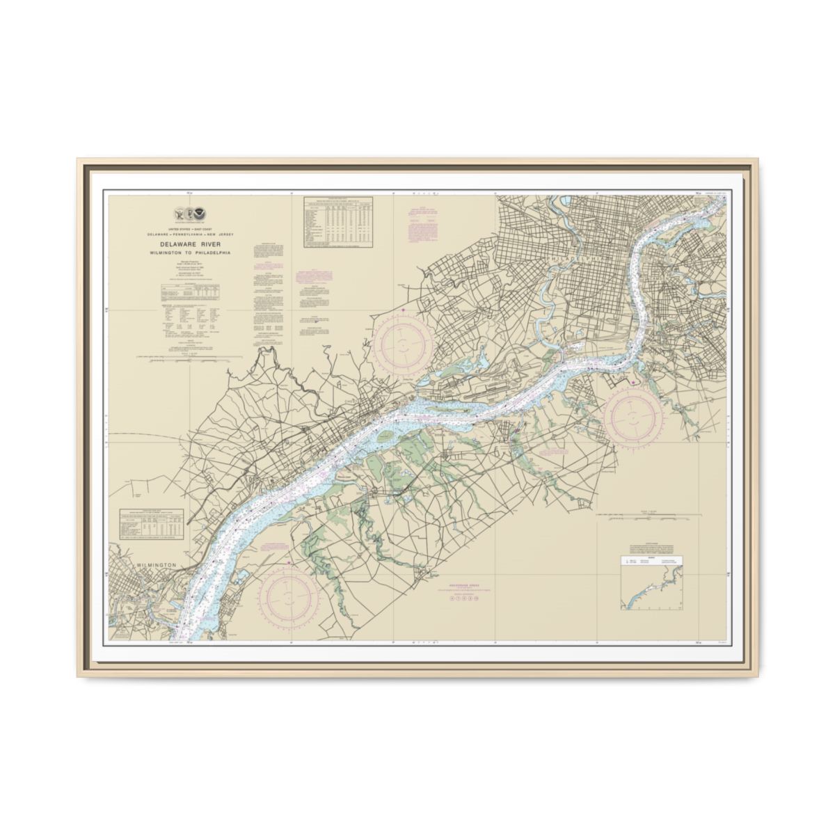 Chart 12312 Delaware River Wilmington to Philadelphia - NOAA Nautical Chart Floating Frame Canvas | 32" x 24" | 40" x 30" - Natural front