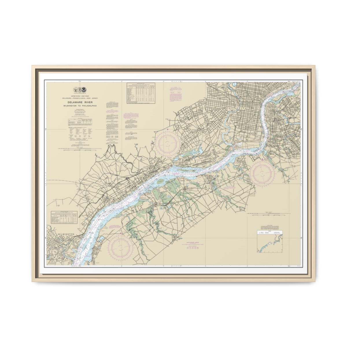 Chart 12312 Delaware River Wilmington to Philadelphia - NOAA Nautical Chart Floating Frame Canvas | 32" x 24" | 40" x 30" - Natural front