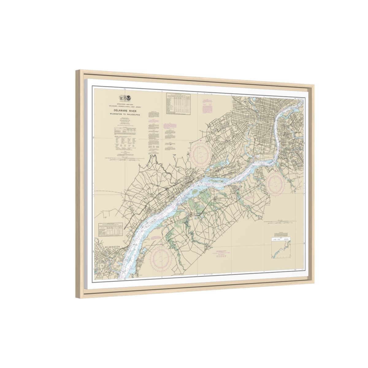 Chart 12312 Delaware River Wilmington to Philadelphia - NOAA Nautical Chart Floating Frame Canvas | 32" x 24" | 40" x 30" - Natural side