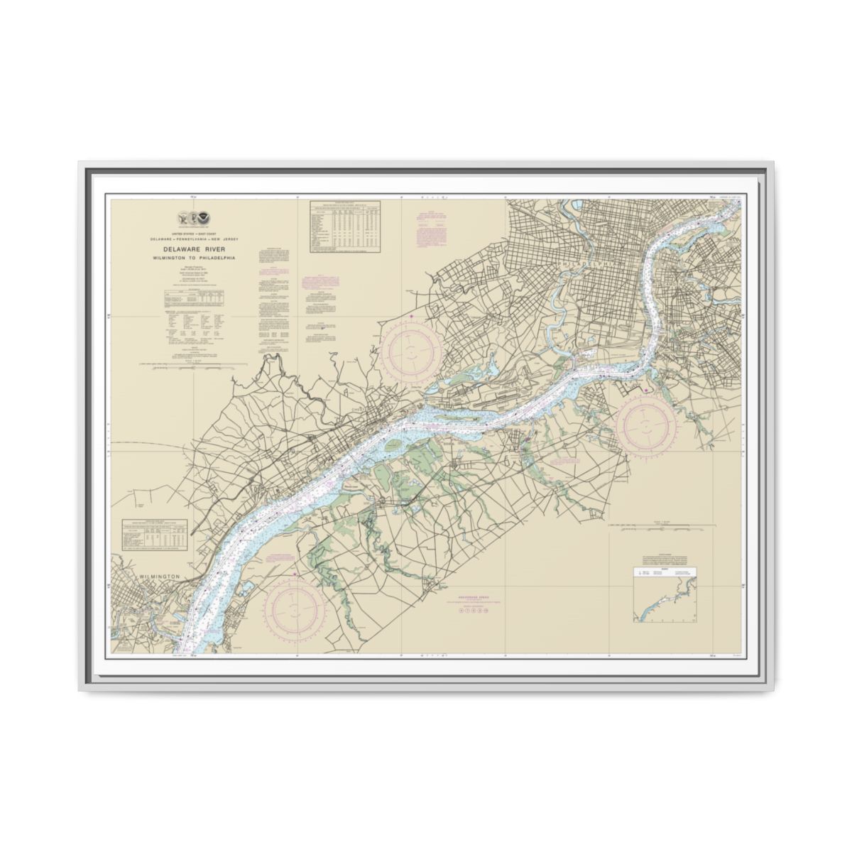 Chart 12312 Delaware River Wilmington to Philadelphia - NOAA Nautical Chart Floating Frame Canvas | 32" x 24" | 40" x 30" - White front