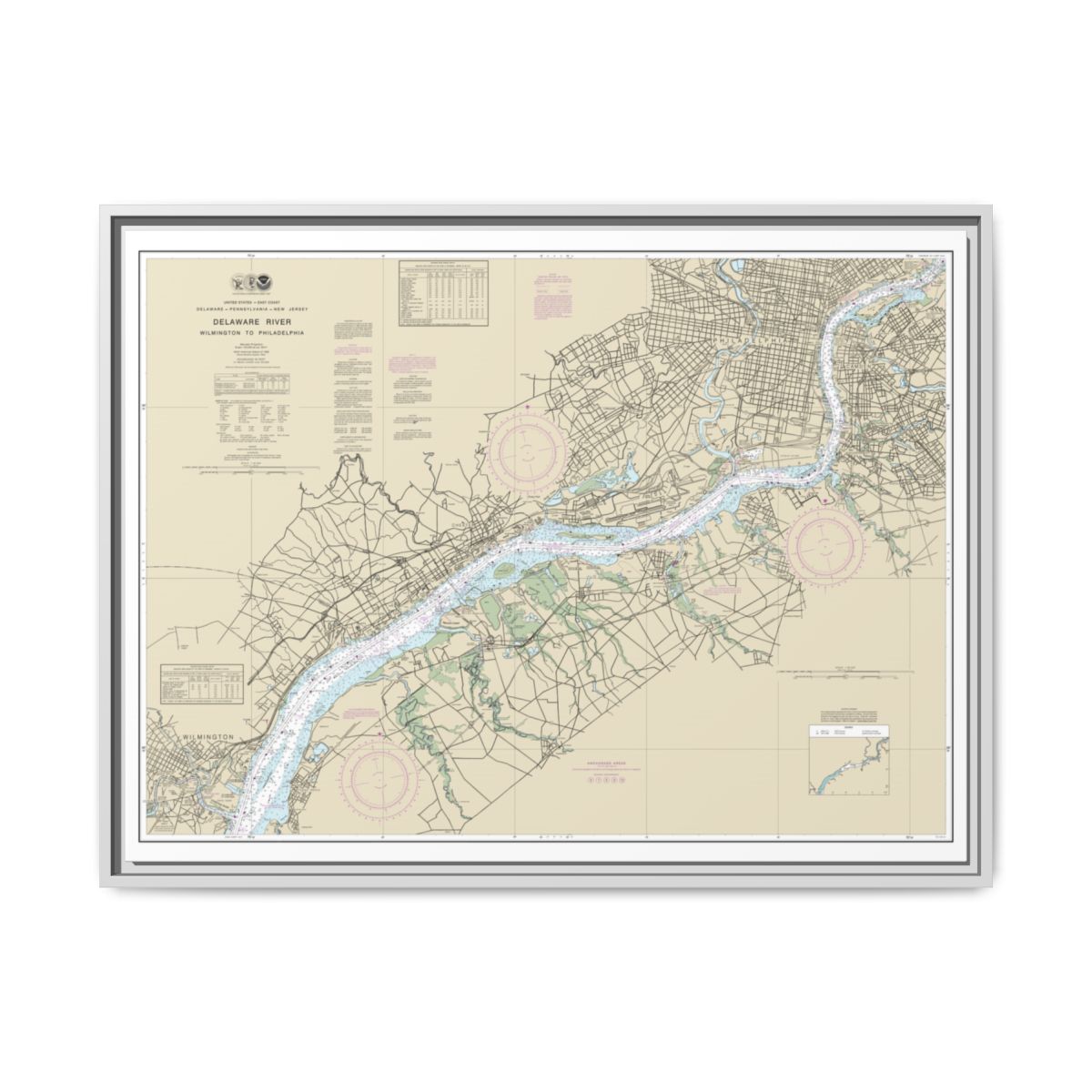 Chart 12312 Delaware River Wilmington to Philadelphia - NOAA Nautical Chart Floating Frame Canvas | 32" x 24" | 40" x 30" - White front