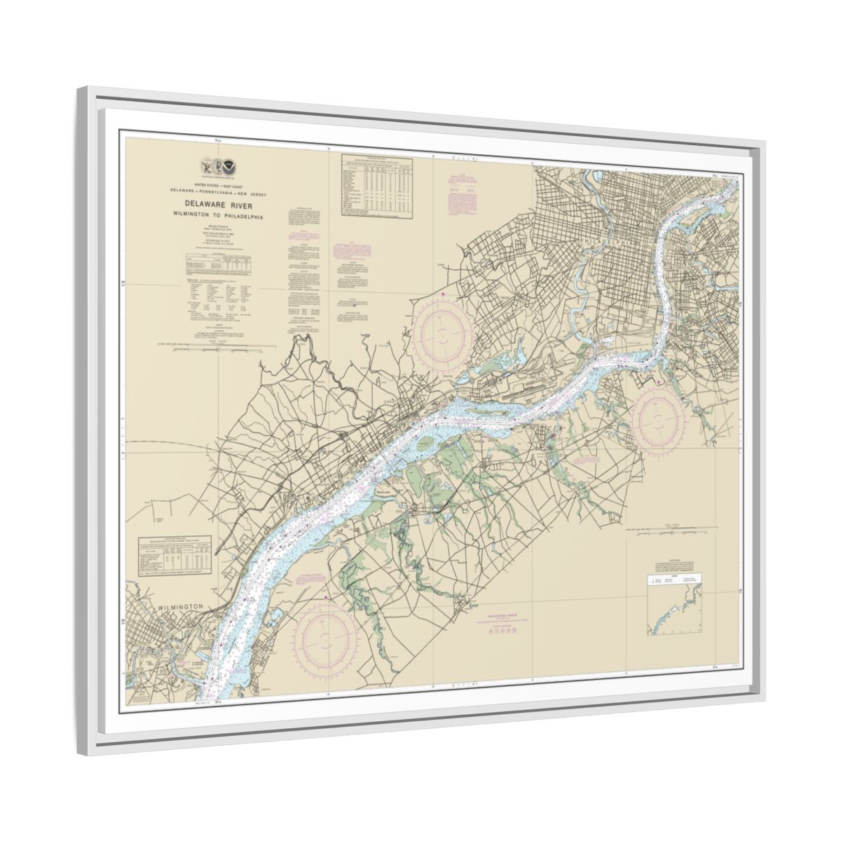 Chart 12312 Delaware River Wilmington to Philadelphia - NOAA Nautical Chart Floating Frame Canvas | 32" x 24" | 40" x 30" - White side