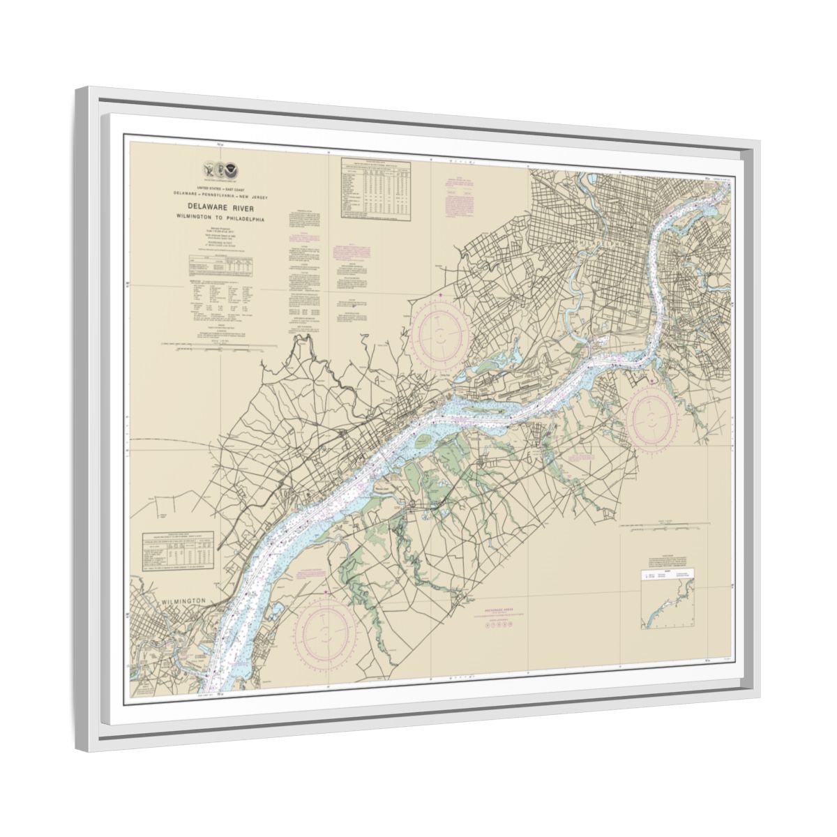 Chart 12312 Delaware River Wilmington to Philadelphia - NOAA Nautical Chart Floating Frame Canvas | 32" x 24" | 40" x 30" - White side
