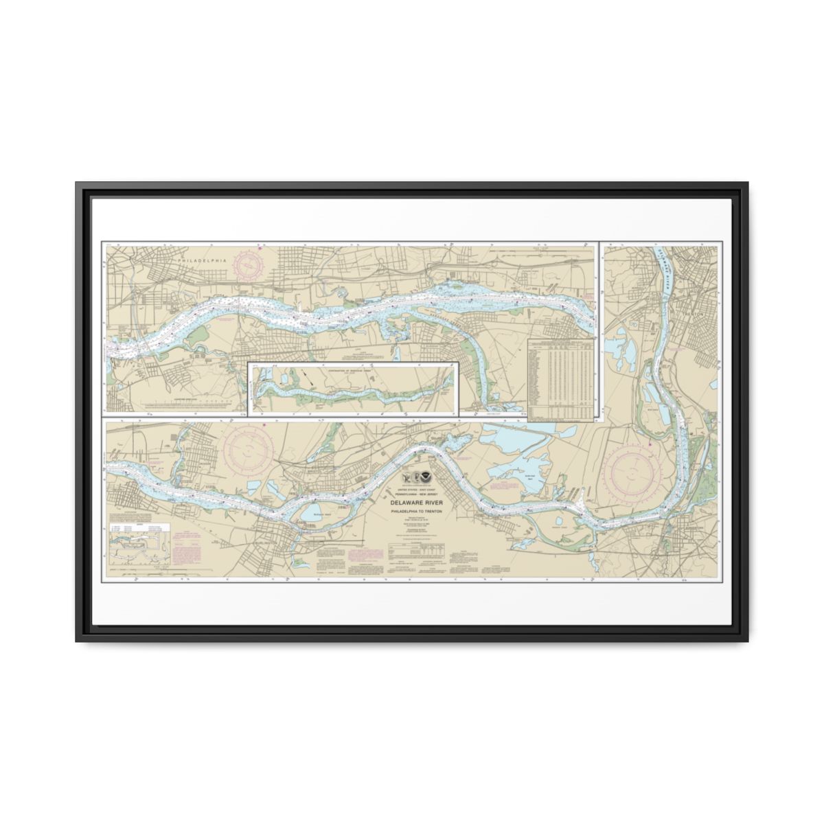 Chart 12314 Delaware River Philadelphia to Trenton - NOAA Nautical Chart Floating Frame Canvas | 30" x 20" | 36" x 24" | 48" x 32" - Black front