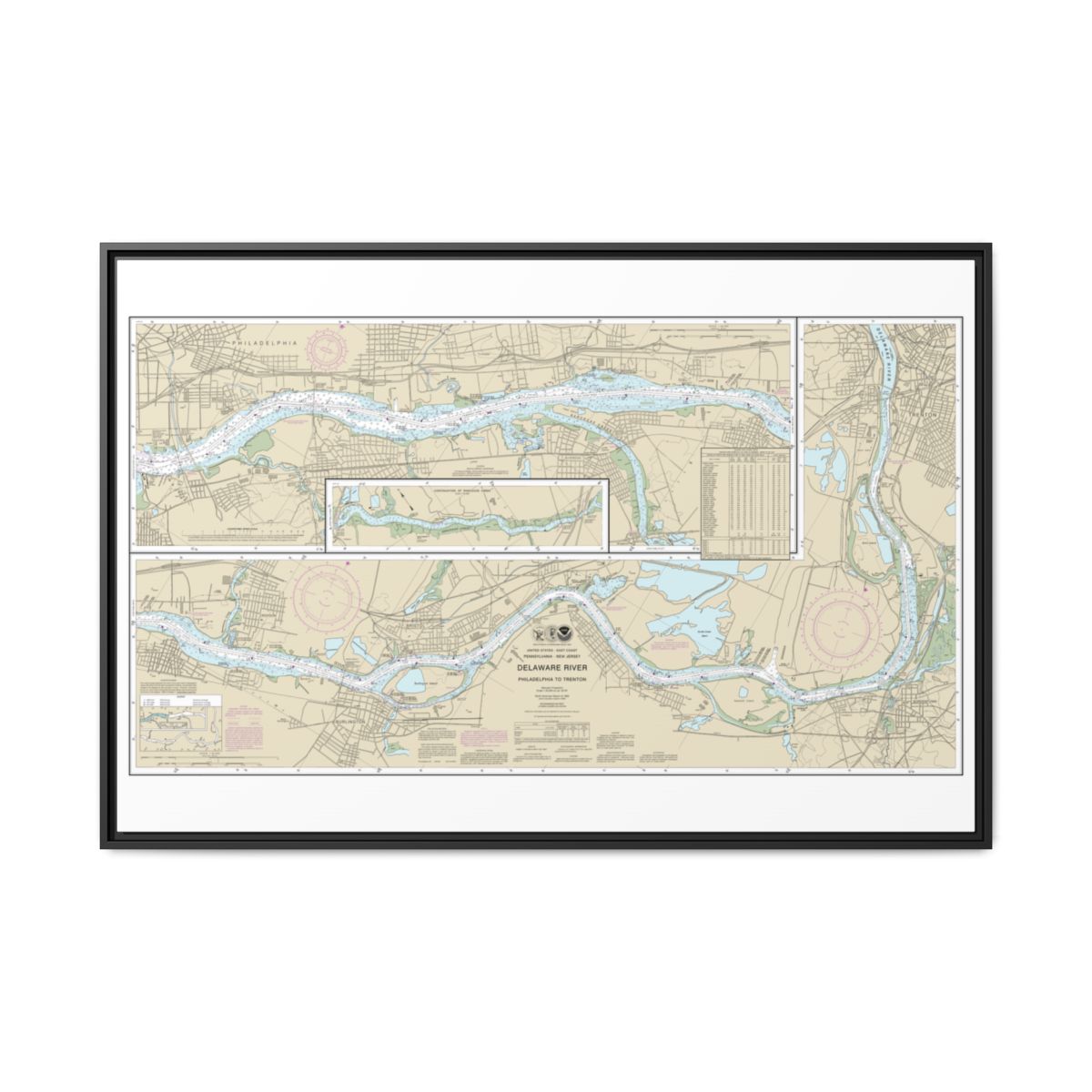 Chart 12314 Delaware River Philadelphia to Trenton - NOAA Nautical Chart Floating Frame Canvas | 30" x 20" | 36" x 24" | 48" x 32" - Black front