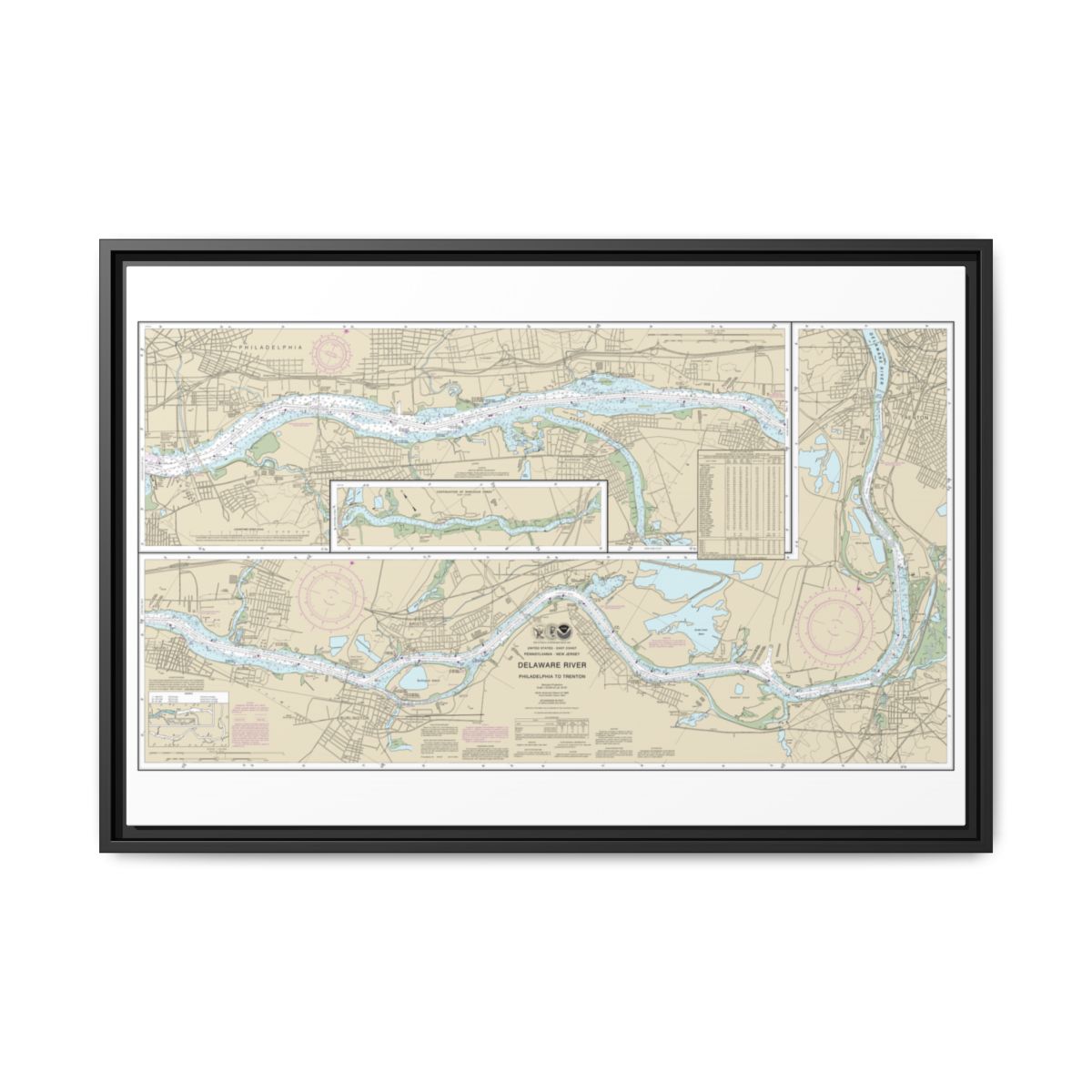 Chart 12314 Delaware River Philadelphia to Trenton - NOAA Nautical Chart Floating Frame Canvas | 30" x 20" | 36" x 24" | 48" x 32" - Black front