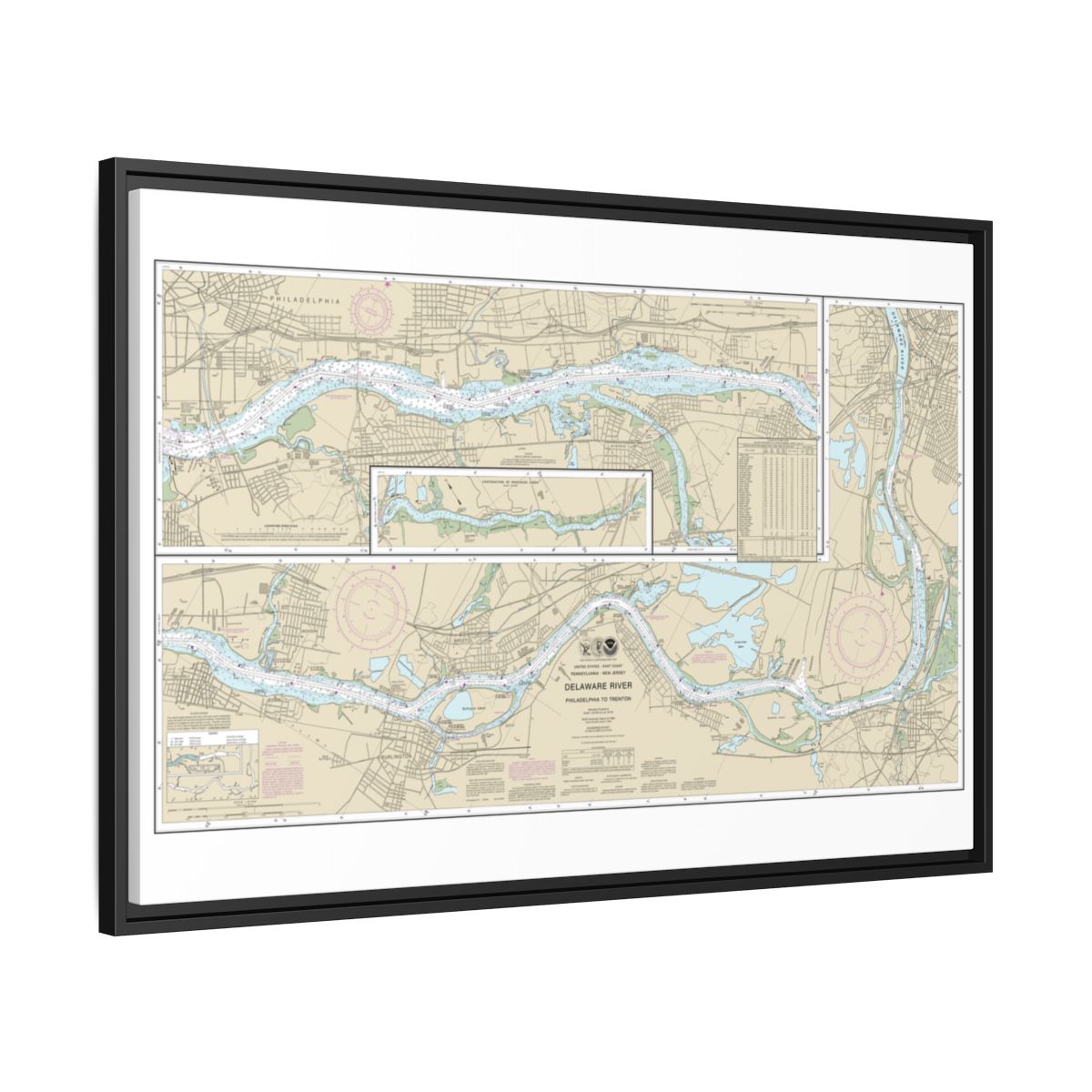 Chart 12314 Delaware River Philadelphia to Trenton - NOAA Nautical Chart Floating Frame Canvas | 30" x 20" | 36" x 24" | 48" x 32" - Black side