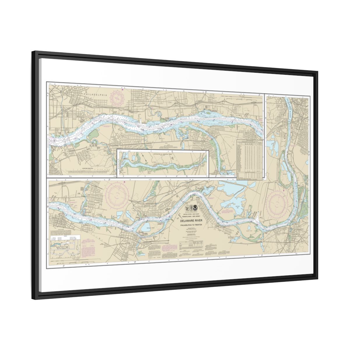 Chart 12314 Delaware River Philadelphia to Trenton - NOAA Nautical Chart Floating Frame Canvas | 30" x 20" | 36" x 24" | 48" x 32" - Black side