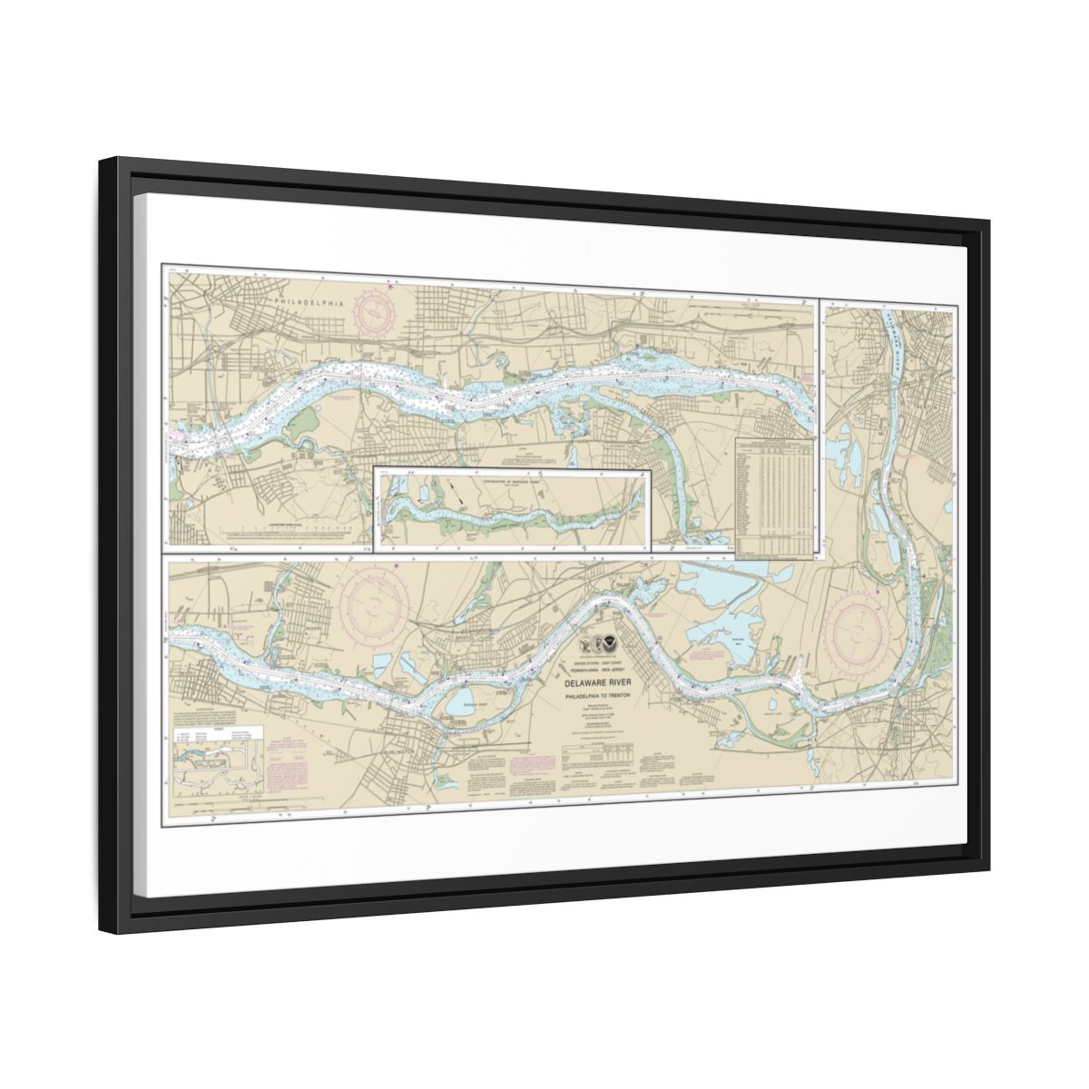 Chart 12314 Delaware River Philadelphia to Trenton - NOAA Nautical Chart Floating Frame Canvas | 30" x 20" | 36" x 24" | 48" x 32" - Black side